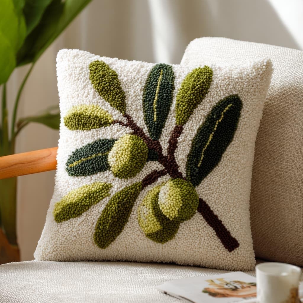 Taxpy Latch Hook Cushion Kits Olive Branch Pillowcase Kits Embroidery Kit 17X17 Inch DIY Needlework Pillow Cover Sofa Cushion Rug Making