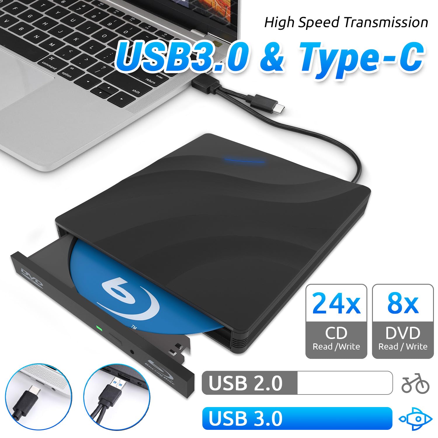 USB 3.0 Type-C Lecteur blu Ray 4k,Portable Externe Lecteur Blu Ray Externe7 en 1, Lecteur Blu-Ray Externe,3D CD DVD Graveur Optical Bluray Drive pour PC Windows 11 10 8 7