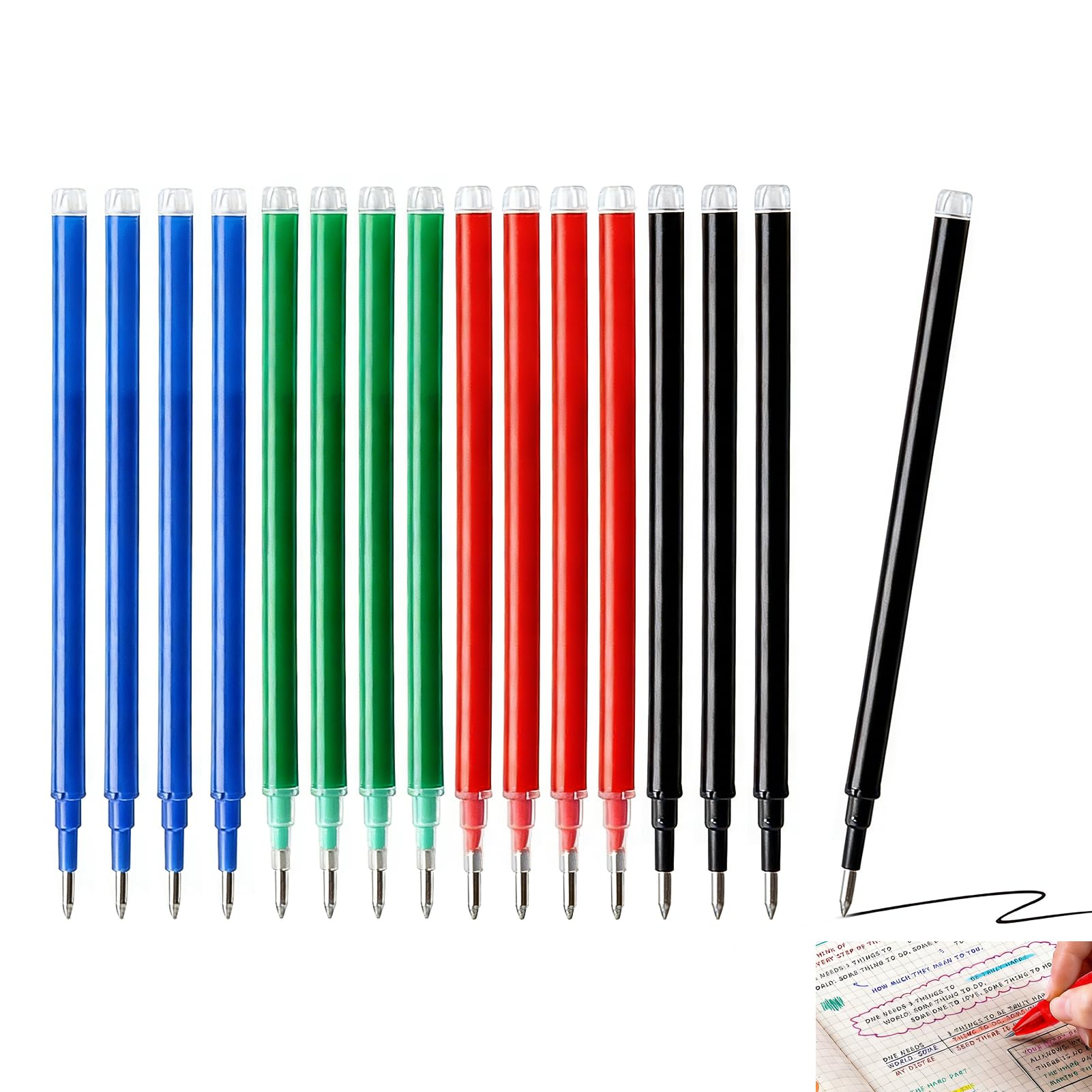 16 Pcs Erasable Pen Refills for Pilot Frixion, 0.5mm Refills 4 Colors Black Blue Red Green, Fine Tip Gel Ink Multi Color Pens Smooth Writing, Clean Erasing for School Office Journaling Note-Taking