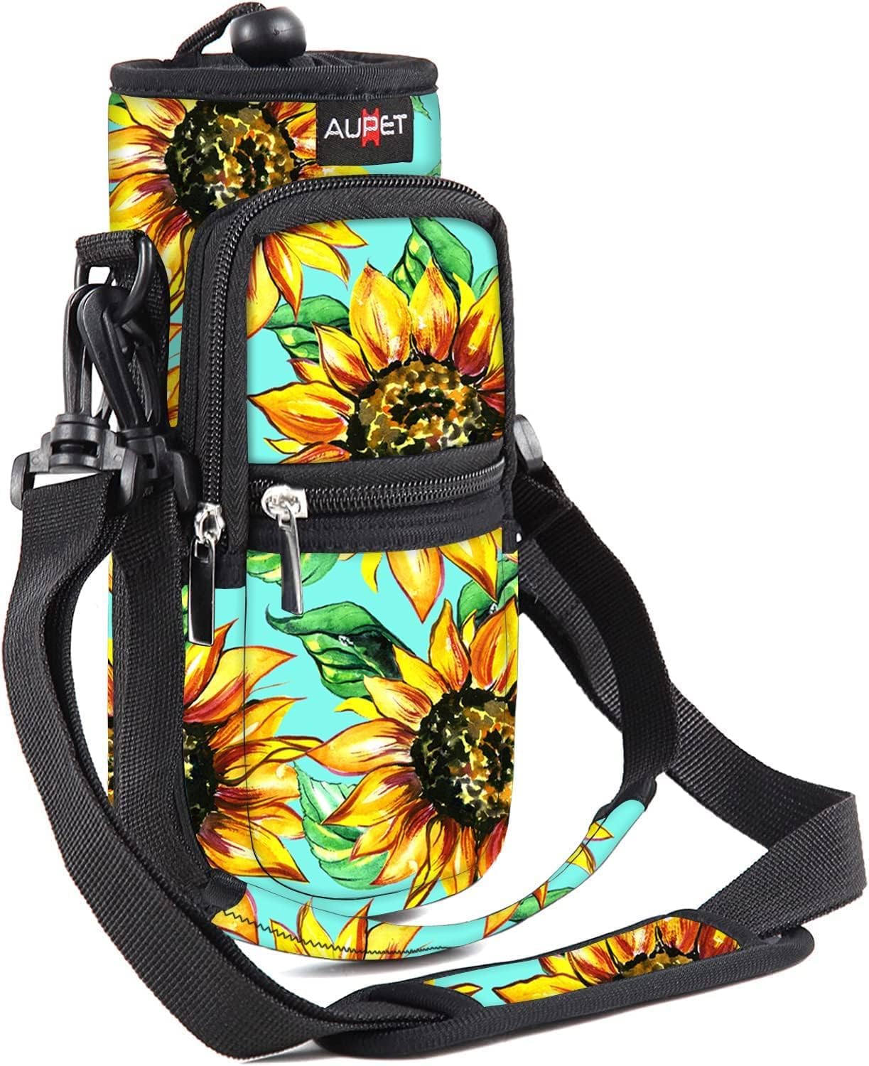 Water Bottle Sling Bag Sleeve Holder Carrier 25/32/40/64 oz ,Insulated Crossbody Water Bottle Case Cover with Strap and Pockets for Men/Women Walking Hiking Camping (40oz, Sunflower Green background)