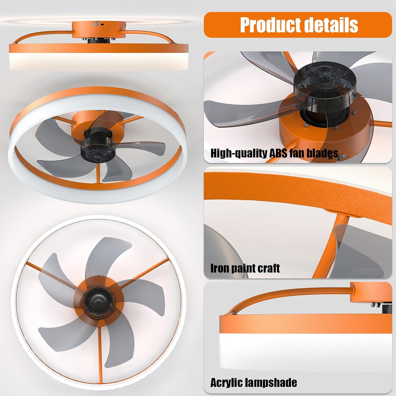 Flush Mount Ceiling Fan with LED Lights and Remote, Modern Low Profile Ceiling Fans with 6 Wind Speeds Three Kinds of Lights Noise-Free, for Bedroom Living Room Kitchen 20 in' (Orange)