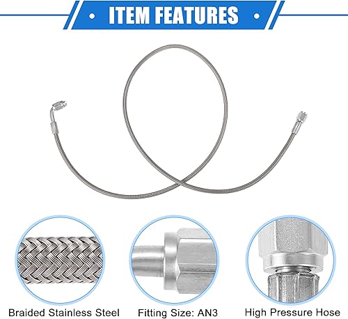 Vista 158 de AN3 - Línea de alimentación de aceite turbo de acero trenzado de 90 grados a extremo de manguera recto, turbocompresor remoto de 24 pulgadas, línea