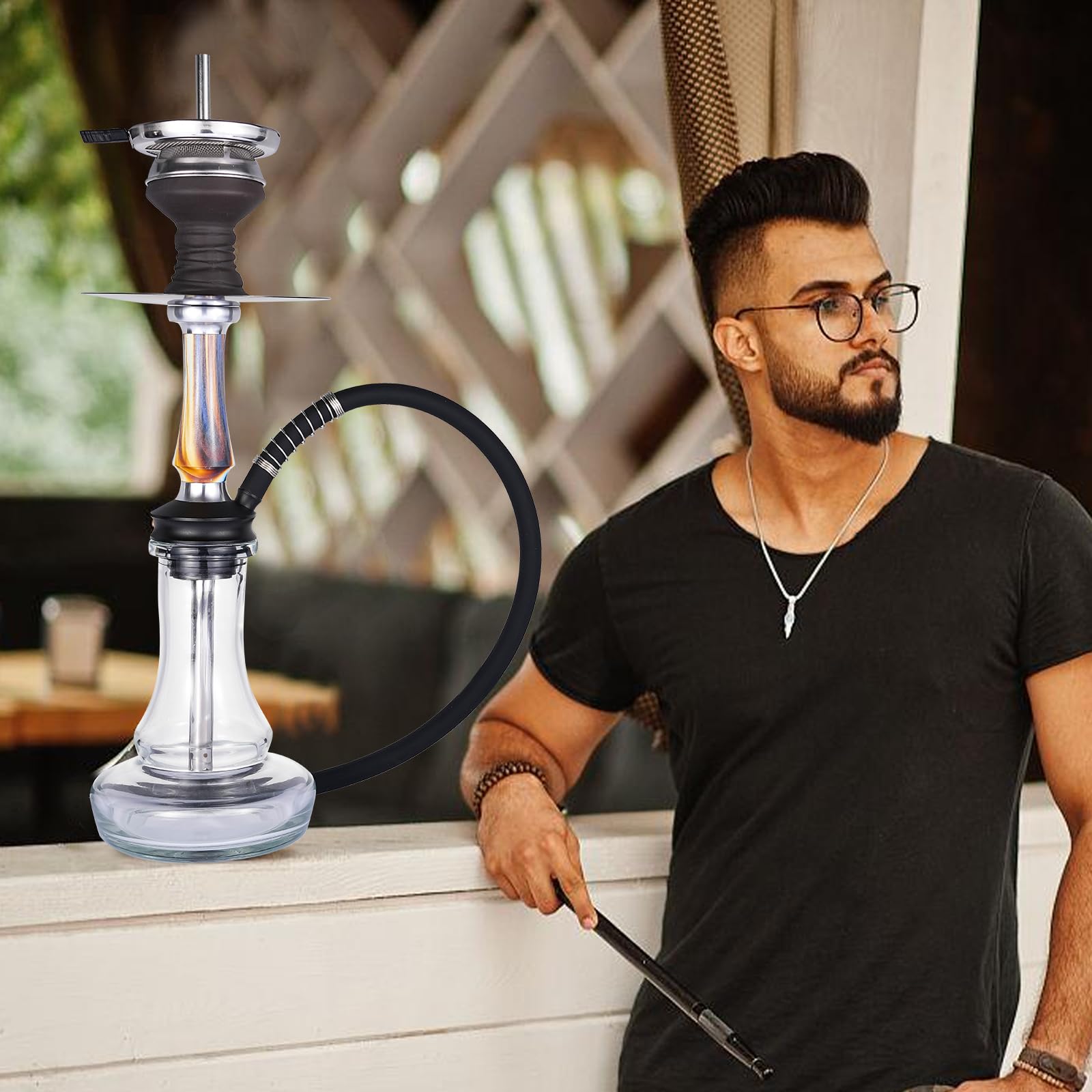 RMAN Cachimba Set 43 cm Shisha Completa | Con Manguera de Silicona Lavable, Shisha Glass, Incluye Boquilla, Incluye Pinza de Carbón, Incluye Cazoleta de Cristal