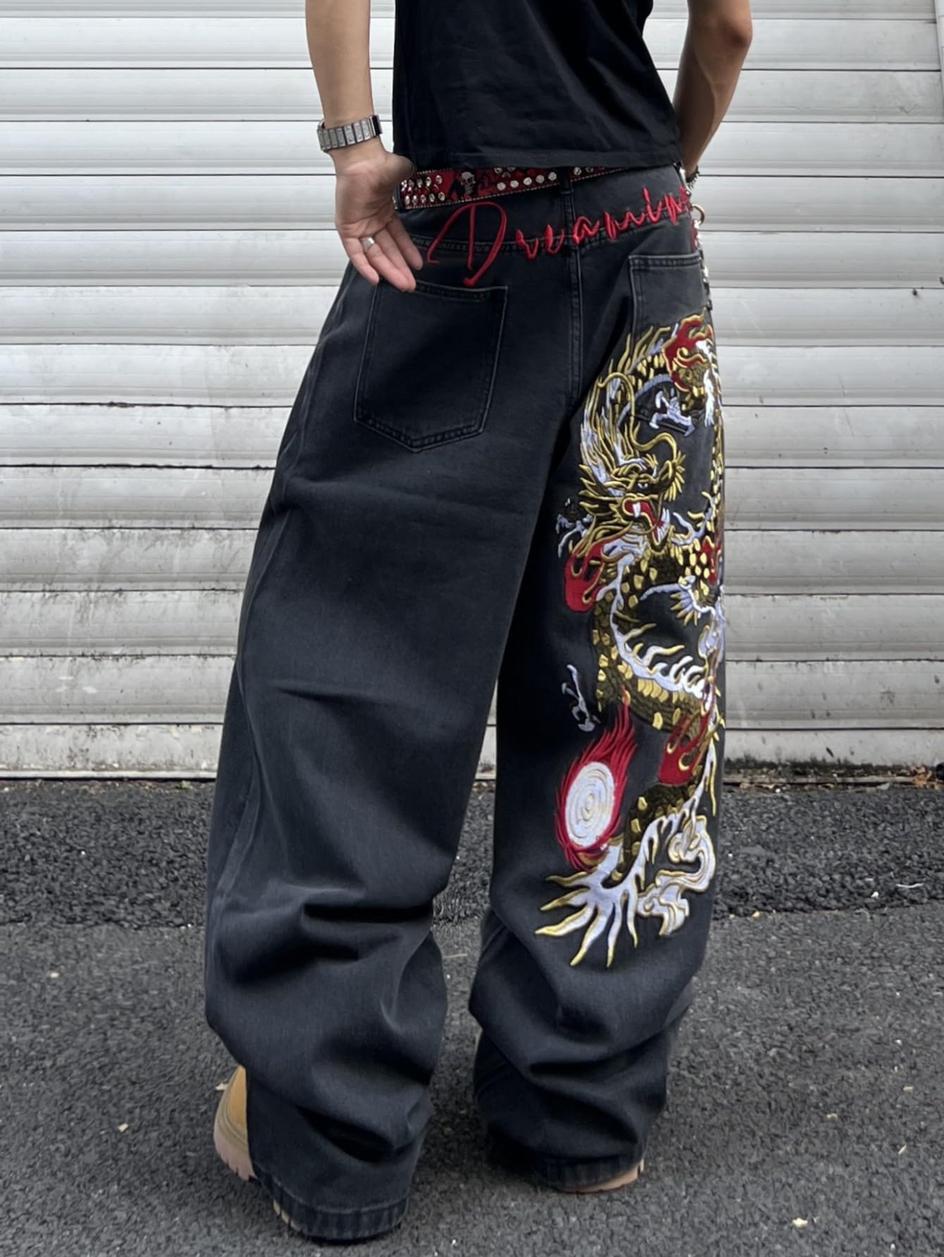 Jeans larghi da uomo con drago ricamato a gamba larga, stile hip hop, vestibilità larga, pantaloni in denim streetwear