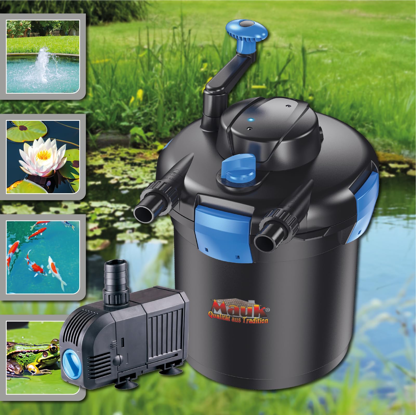 MAUK® Teichdruckfilter Komplettset | ECO 9W UVC Klärer mit Spin Clean Reinigung | inkl. Pumpe & Bachlauf Funktion | 4000 Liter - 8 Liter Kesselvolumen