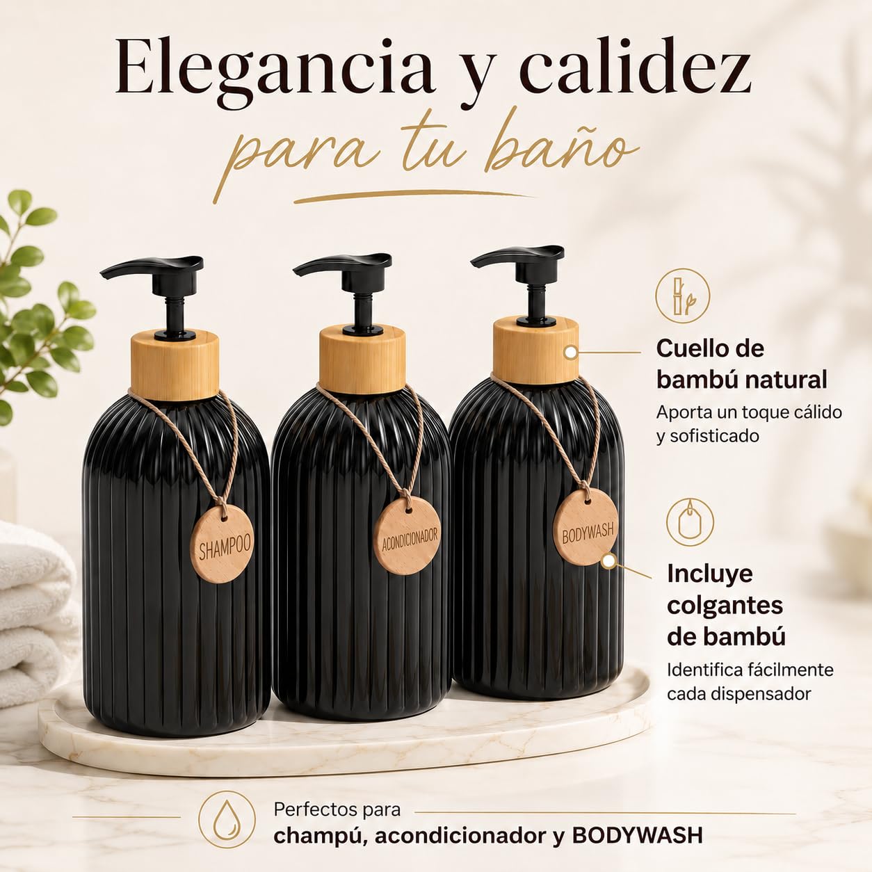 Dispensador Jabon Baño | Set de 3 Botes para Gel Champu y Acondicionador 500ML con 3 Colgantes de bambú | Dosificador Jabon Baño es Elegante y Realzará el Estilo de tu hogar (Negro)