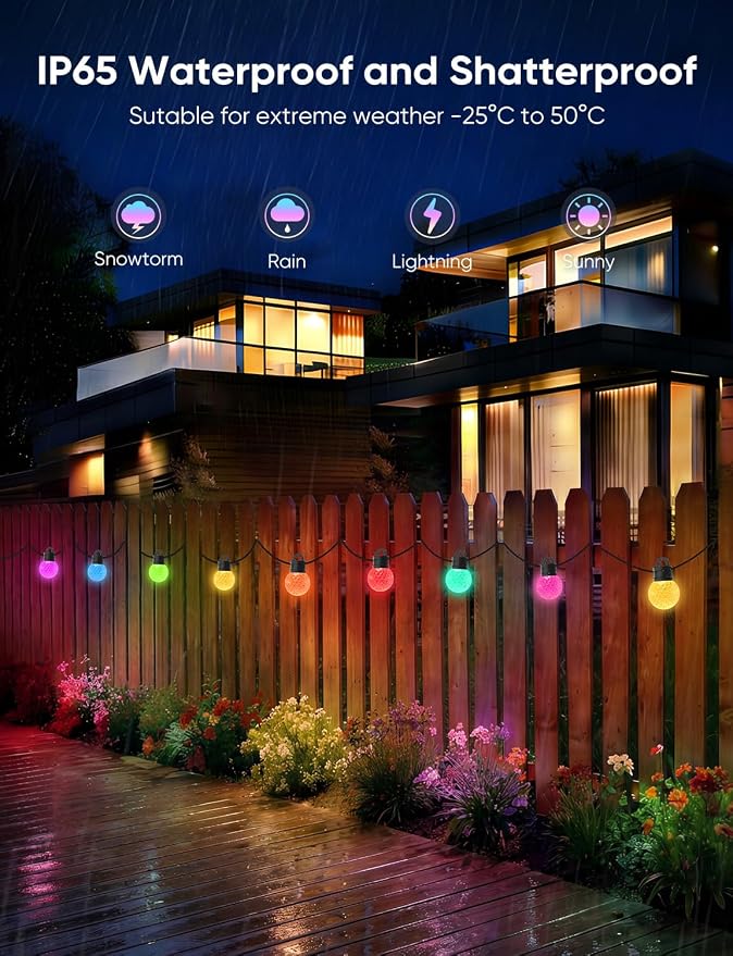 Luces Decorativas Exteriores de 50 pies RGBW con 25 bombillas LED, Integración con Alexa miniatura 5
