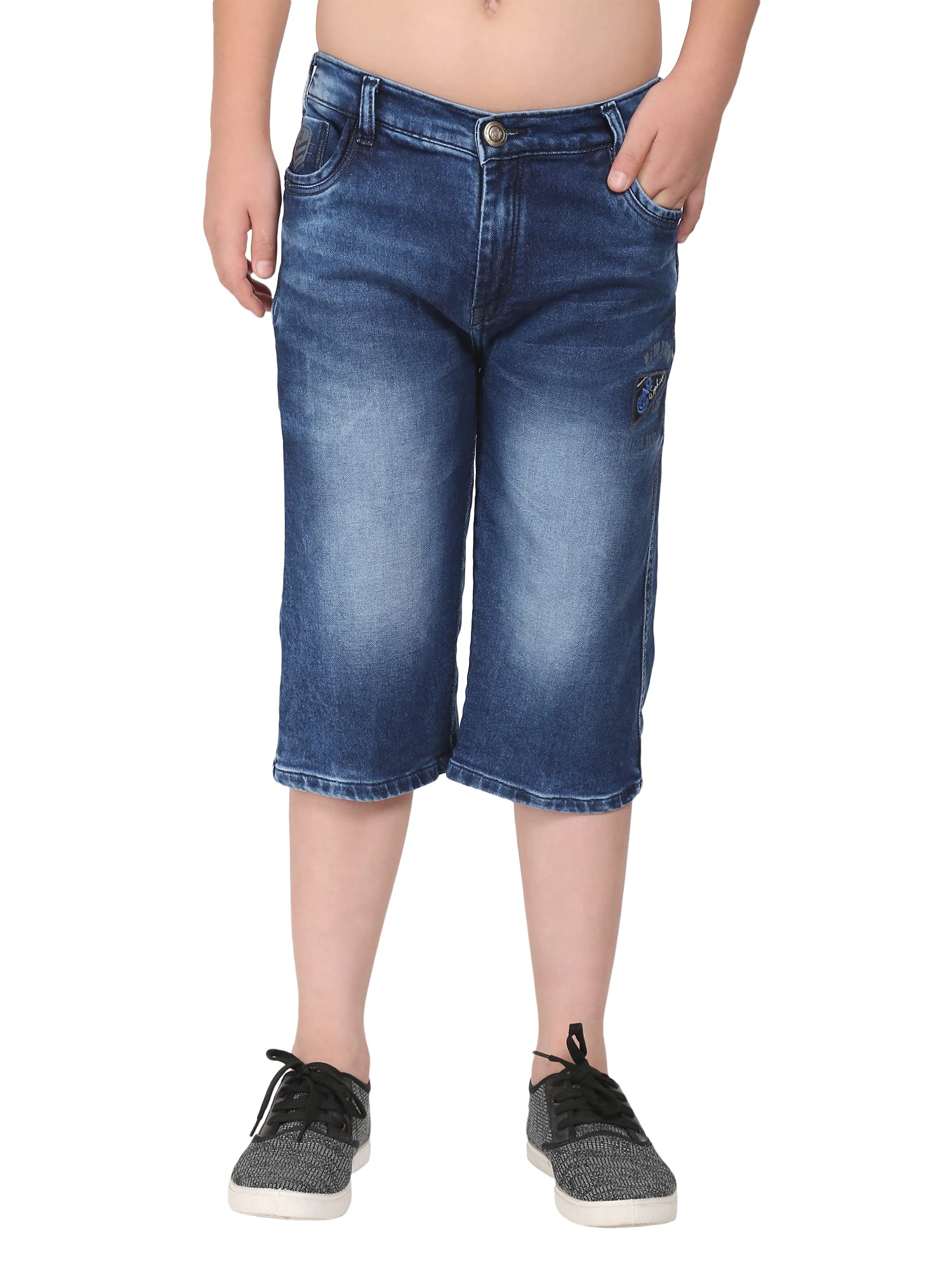 OXTRAP Boys Regular fit,Three Fourth,Capri,Half Elastic Waistband,Stretchable Cotton Denim,Light Faded,Casual,Below Knee Length,3/4 Shorts for Kids Boys