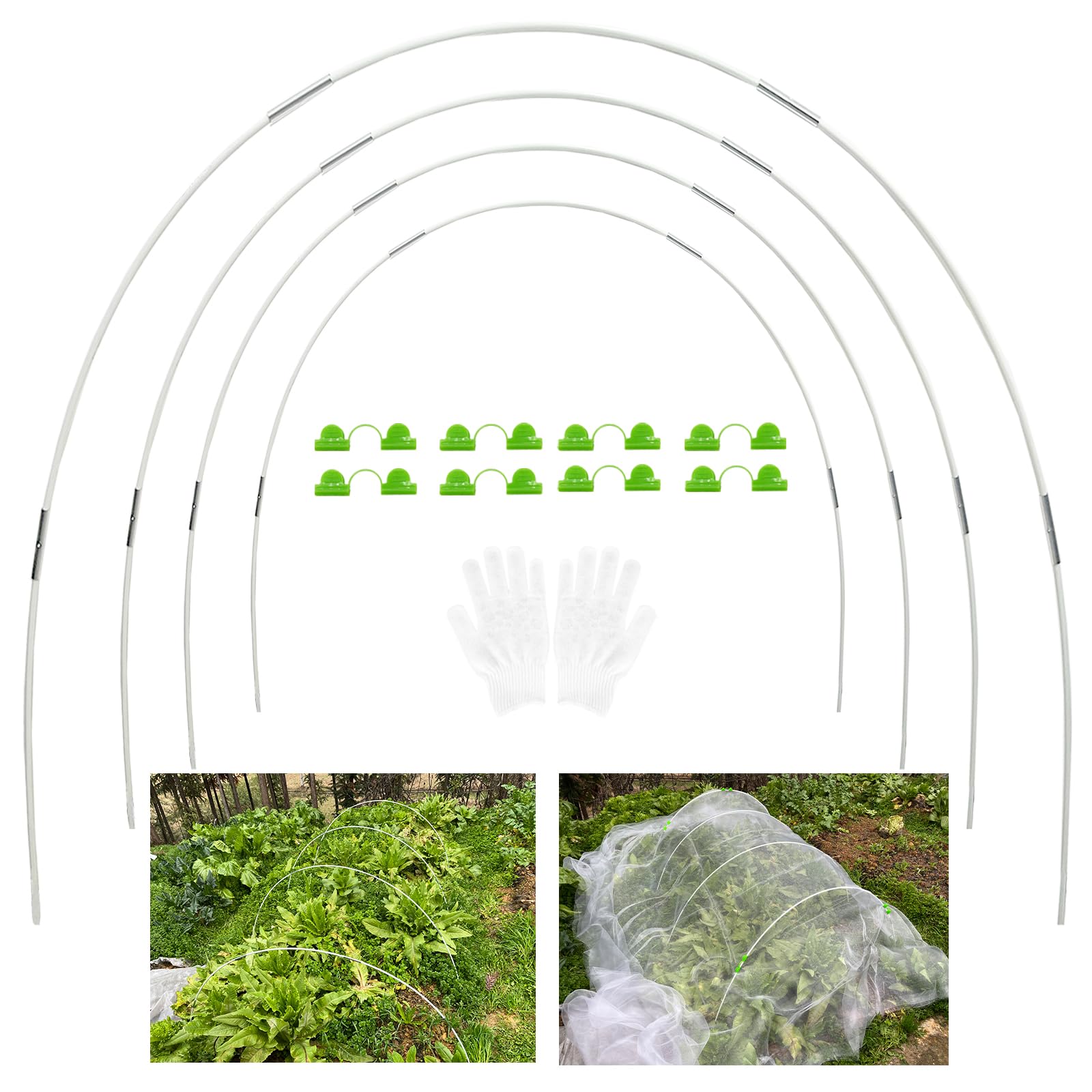 20Pcs Garden Hoops for Netting Raised Bed, Greenhouse Hoops Frame Tunnel with 8Pcs Clamps, 7 Ft Detachable Fiberglass Support Hoops, Grow Tunnel Hoops for Veg Plant Crop Fruit Tomato Strawberry