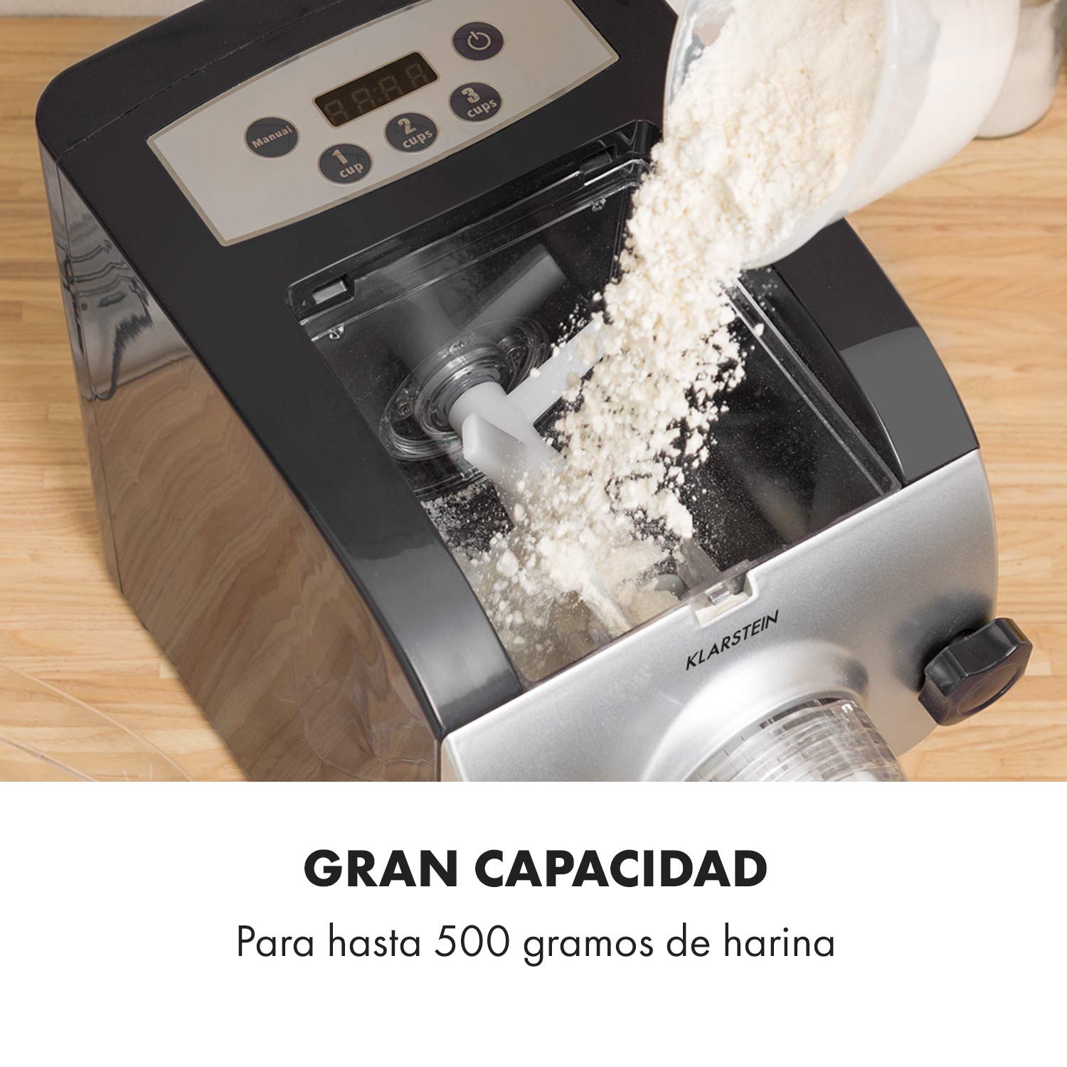 Pastelera Eléctrica Klarstein Pastamania-260W Automática con 7 Accesorios, 500g de capacidad, Silenciosa 60dB, Pantalla LED, Proceso de amasado en 3 Minutos,Molde para Raviolis y Cortador incluidos.