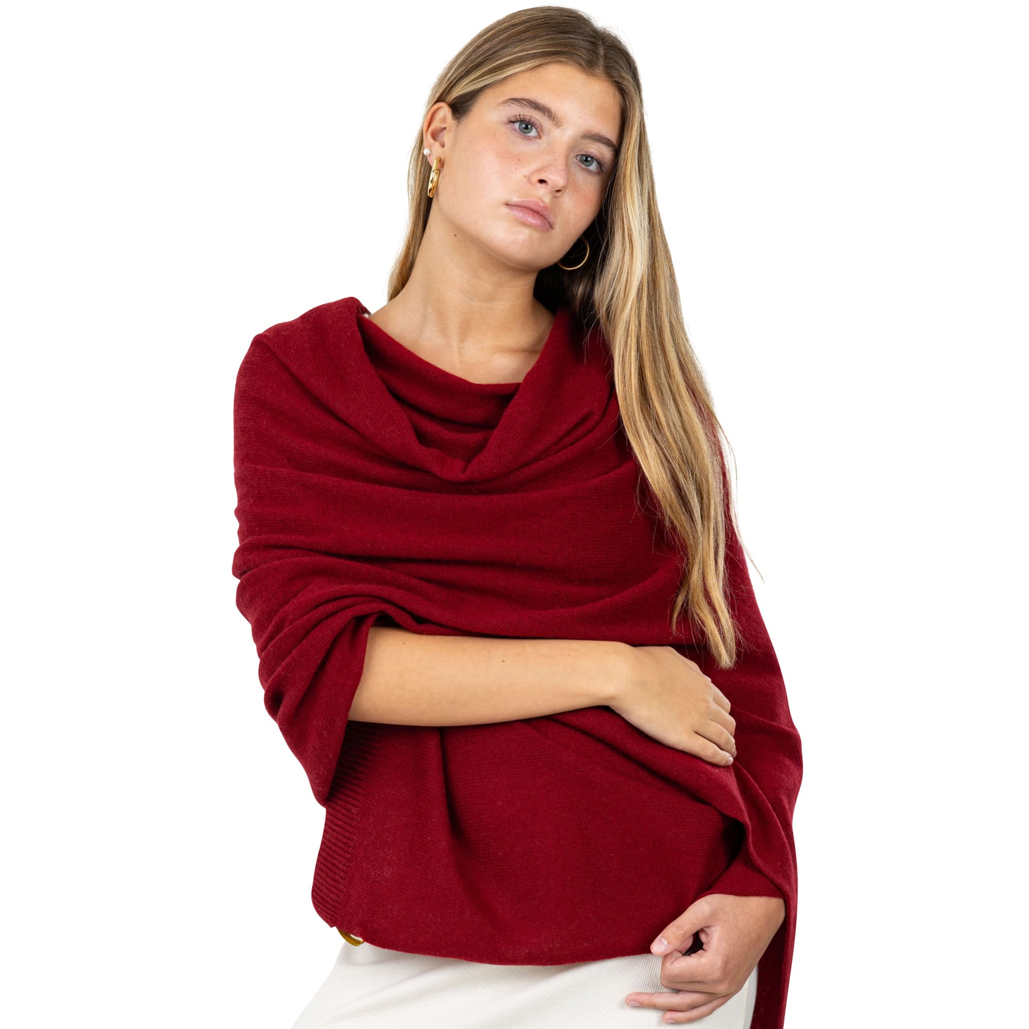 Velanio Cashmere Luxury Knitted Wrap Travel Shawl Scarf, Pashmina Stole, All-Season Scarf for Women Cashmere Wool Blend, Maroon, Large