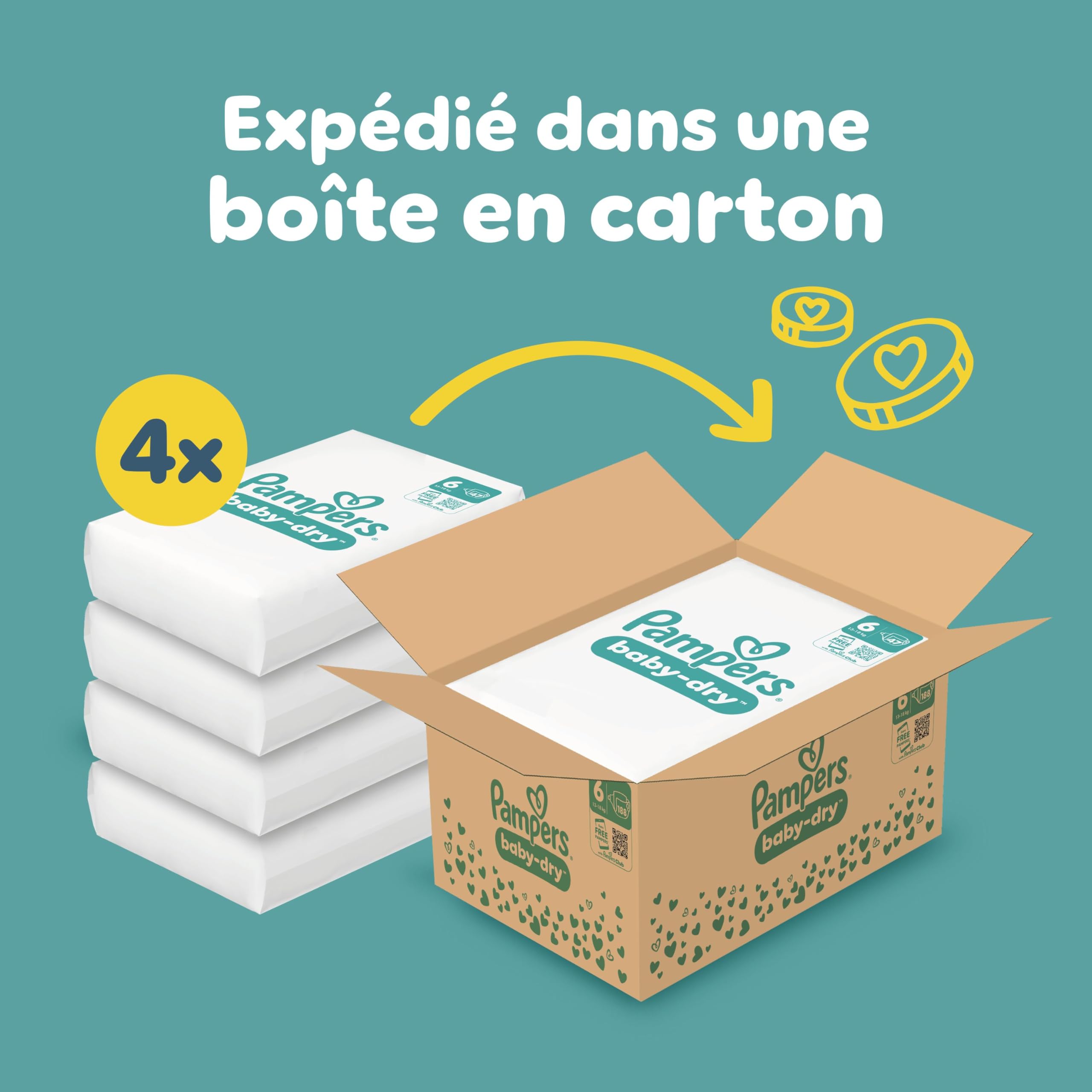 Pampers Baby-Dry Taille 6, 188 Couches, 13kg-18kg, Une Nuit Confortable Jusqu’À 100% Sans Fuites, Family Pack | 13kg-18kg. Avec Une Poche Stop & Protect À L’Arrière De La Couche Pour Une Nuit Jusqu'À 100% Sans Fuites. Family Pack.