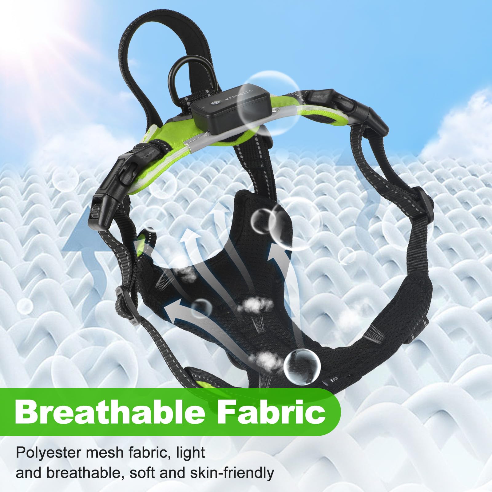 MASBRILL Harnais Lumineux Rechargeable USB‑C avec Bandes Réfléchissantes, 3 Modes d'Éclairage, Réglable, Maille Respirante et Rembourrage, IPX6, pour Chien Moyen 14‑25 kg Vert + Vert M