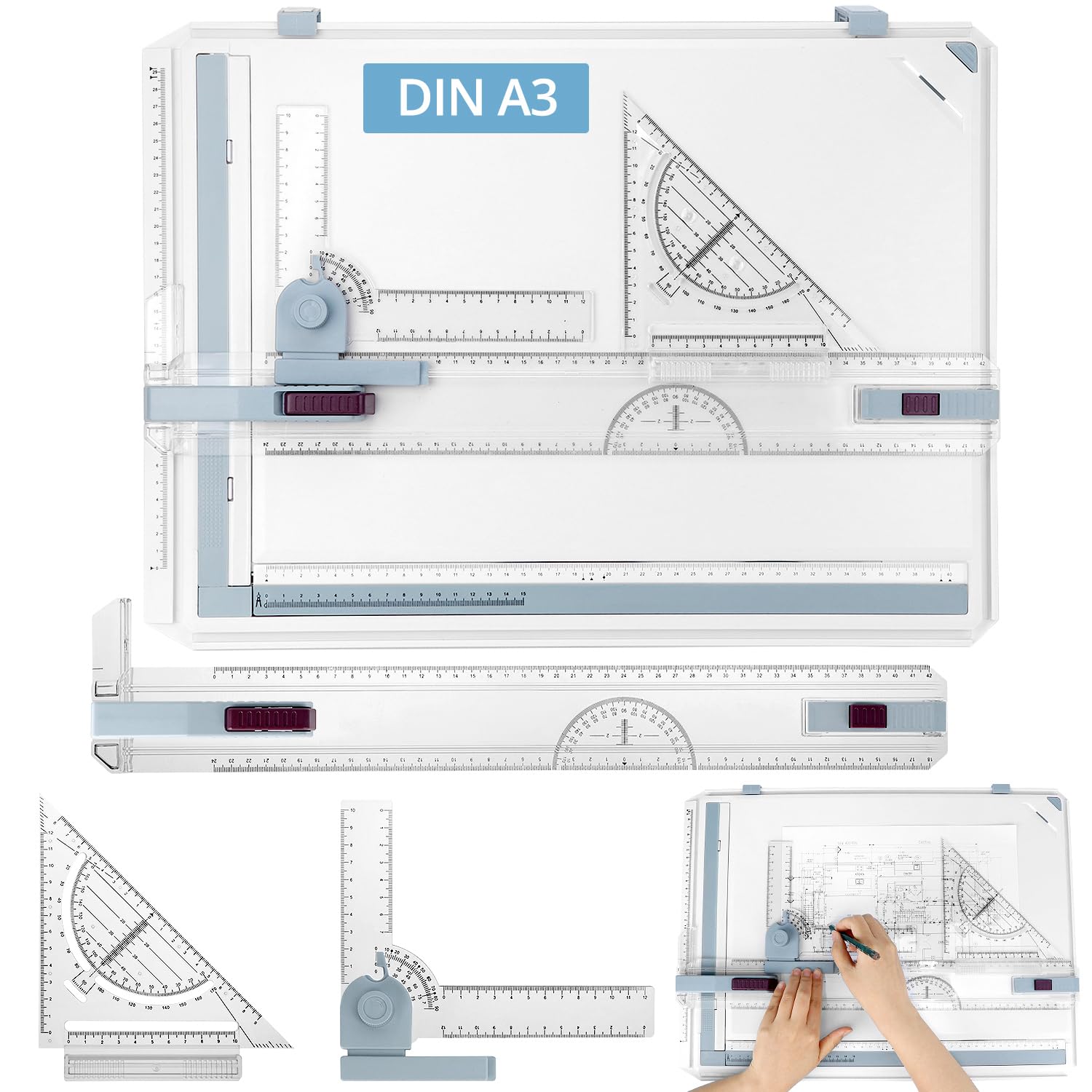 QWORK® Planche à Dessin DIN A3, Planches a Dessin Multifonctions avec Outils de Mesure et Précision Réglables