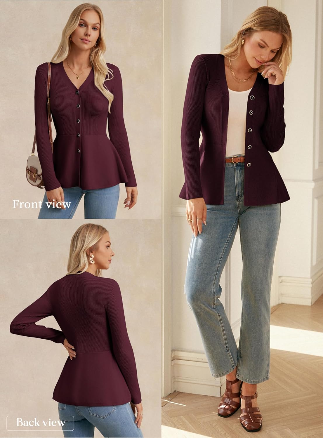 GRACE KARIN Long Sleeve Cardigan Sweaters for Women, Button Up Knit Blazer, Lightweight Business Casual Peplum Tops - Image 5