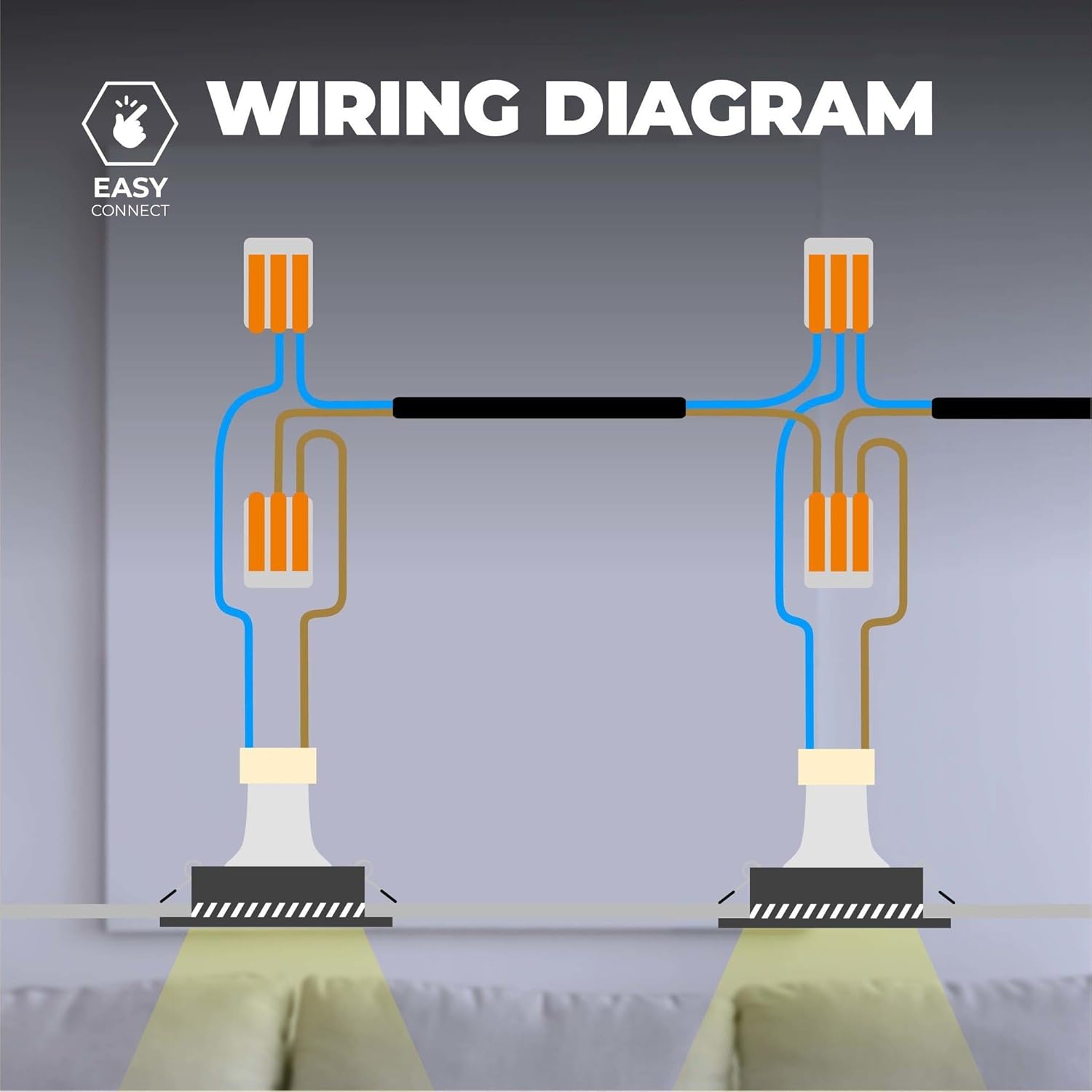 Wiring diagram for multiple recessed spotlights using screwless terminals.