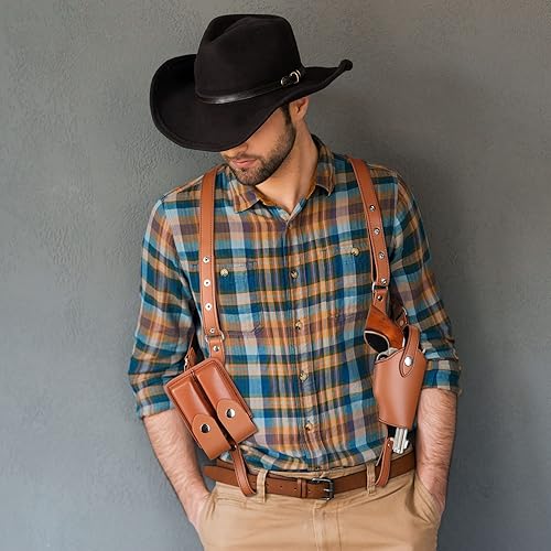 Miniatura 8 de Sratte Funda ajustable de cuero para pistola para transporte oculto, funda vintage con doble bolsa para revista, accesorio de disfraz de vaquero