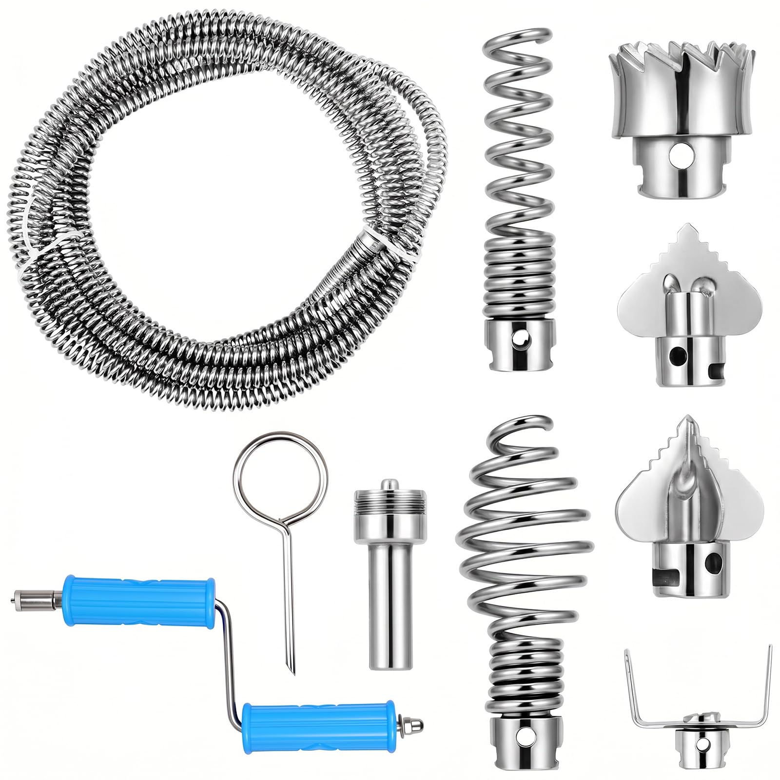 Patnfr Silver Drain Auger Pipe Cleaner With 6 Replaceable Cutter 5M/16.4Ft Manual And Electric Dual Use Flexible Drain Snake For Sewer & Bathroom Clog
