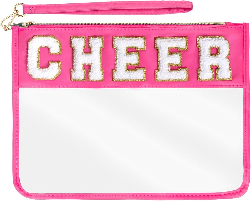 Necessaire de maquiagem Hmxpls em nylon transparente com zíper e aplique chenille Rose-CHEER