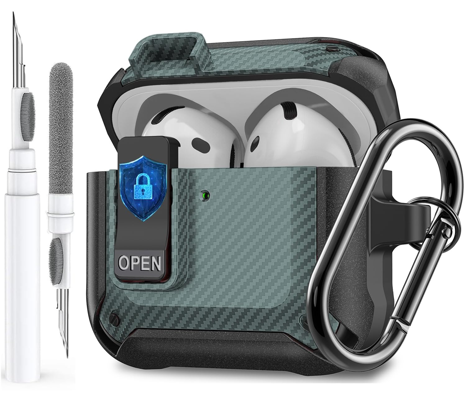 Olytop for Airpods 4 Case with Lock Clip, Rugged Apple Airpods 4th Generation Cover 2024 Men Women, Armor Shockproof iPod 4 Gen Protective Hard Shell with Carabiner&Cleaner kit, CF Black/Green