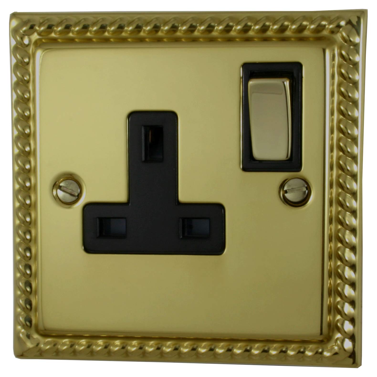 G&H Brassware MB309 13A Double Pole Georgian Polished Brass Single Socket - Metal Rocker and Black Inserts