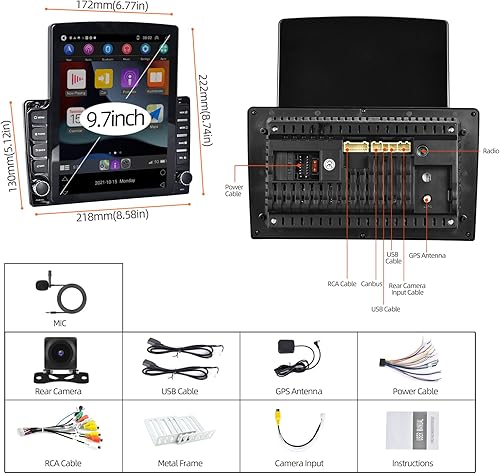 Miniatura 7 de 2+32G Android 11 doble DIN Car Stereo Apple Carplay Android Auto, 9.7 pulgadas pantalla táctil vertical radio de navegación en el tablero GPS