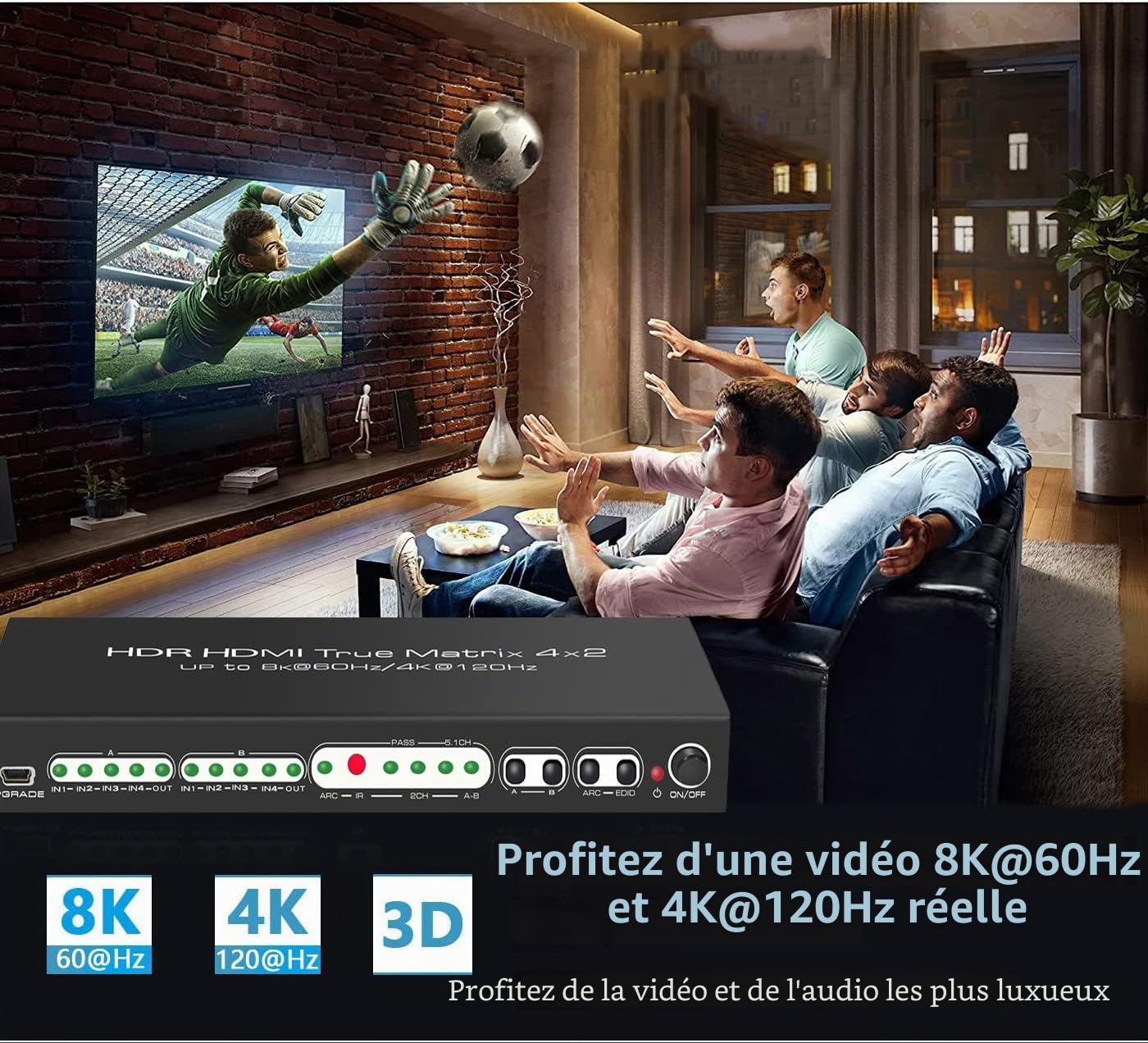 GKR 8K@60Hz 4x2 HDMI Matrix Switch 4 entrées 2 sorties Ultra-HD 4K@120Hz HDR ARC HDMI Matrice Switcher Splitter avec Extracteur audio et télécommande IR, (HDMX0016)