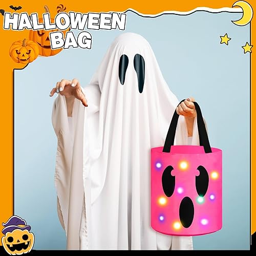 Miniatura 10 de Sadnyy 3 bolsas de Halloween con luz LED, cubo de calabaza, bolsas de Halloween iluminadas con cara de calabaza sonriente, bolsas de dulces