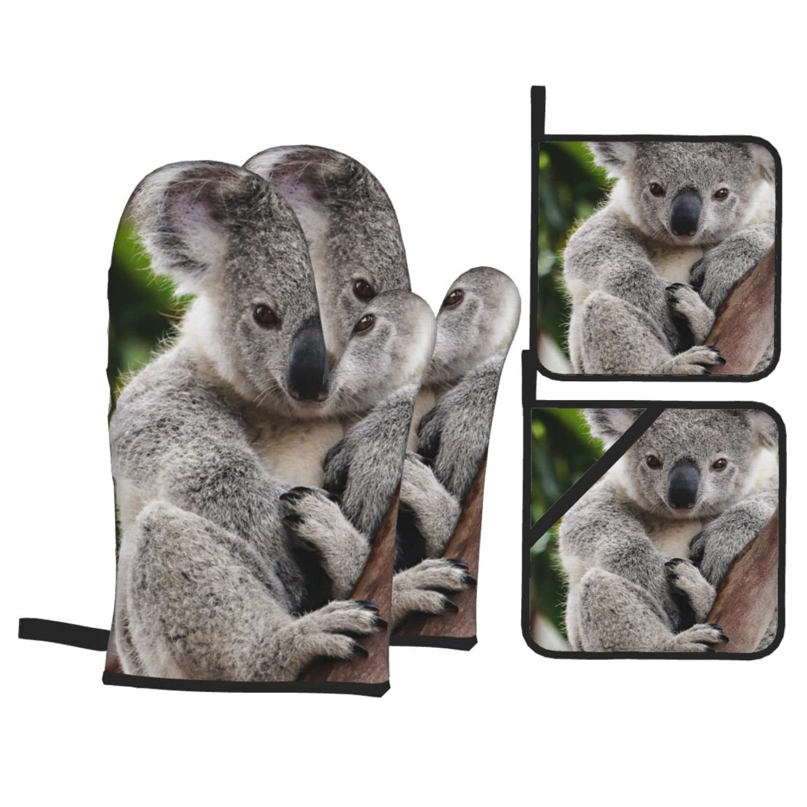 Cute Koala Print Kitchen Baking Four Piece Set of Heat Resistant Thick Cotton Oven Mitts for Cooking, Baking and Grilling