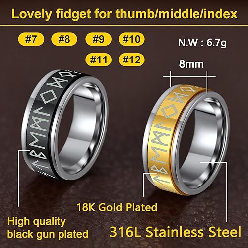 Miniatura 6 de ChainsProMax Puede grabar anillos giratorios de runa vikinga para hombresmujeres, tamaño #7-#14, anillo de cadena de eslabones de acero inoxidable,