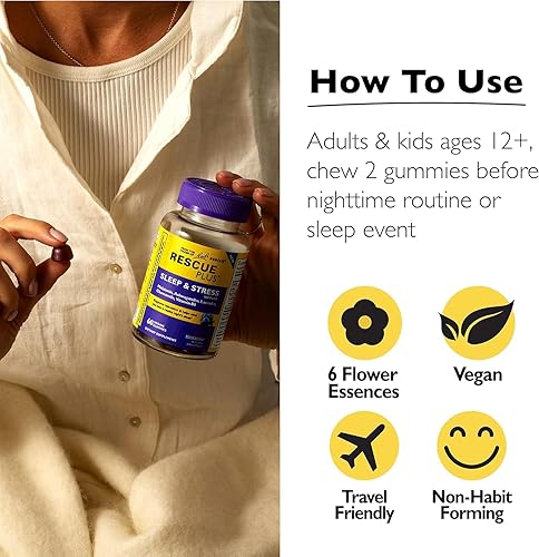 Miniatura 4 de RESCUE Bach Plus - Gomitas de apoyo para el sueño y el estrés, suplemento dietético nocturno con 1 mg de melatonina, ashwagandha, manzanilla,