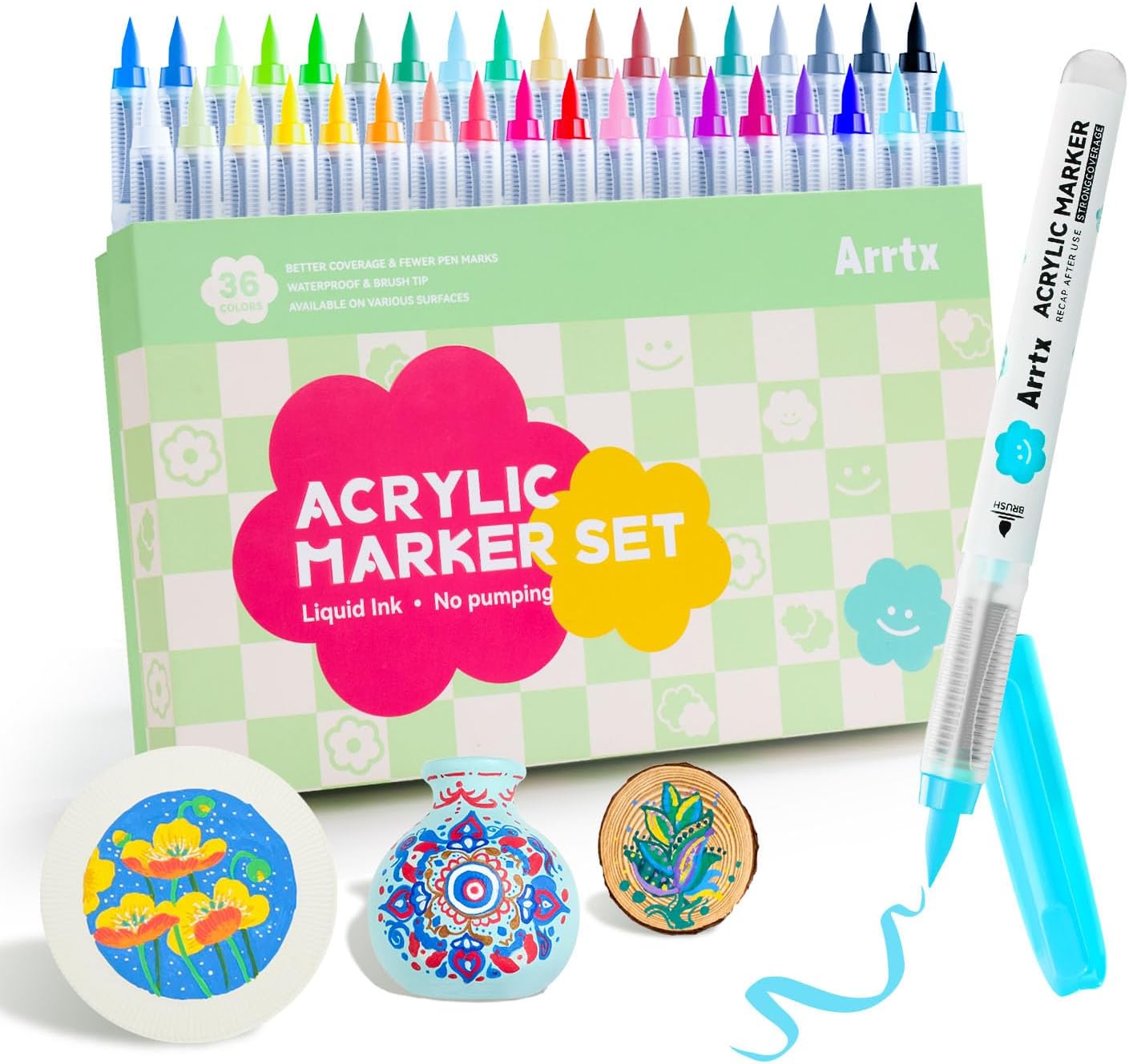 36 Colors Acrylic Paint Pens for Rock Painting, Brush Tip Acrylic Pen, Acrylic Markers, Waterproof Paint Marker, Art Supplies for Stone, Glass, Egg, Wood, DIY Crafts