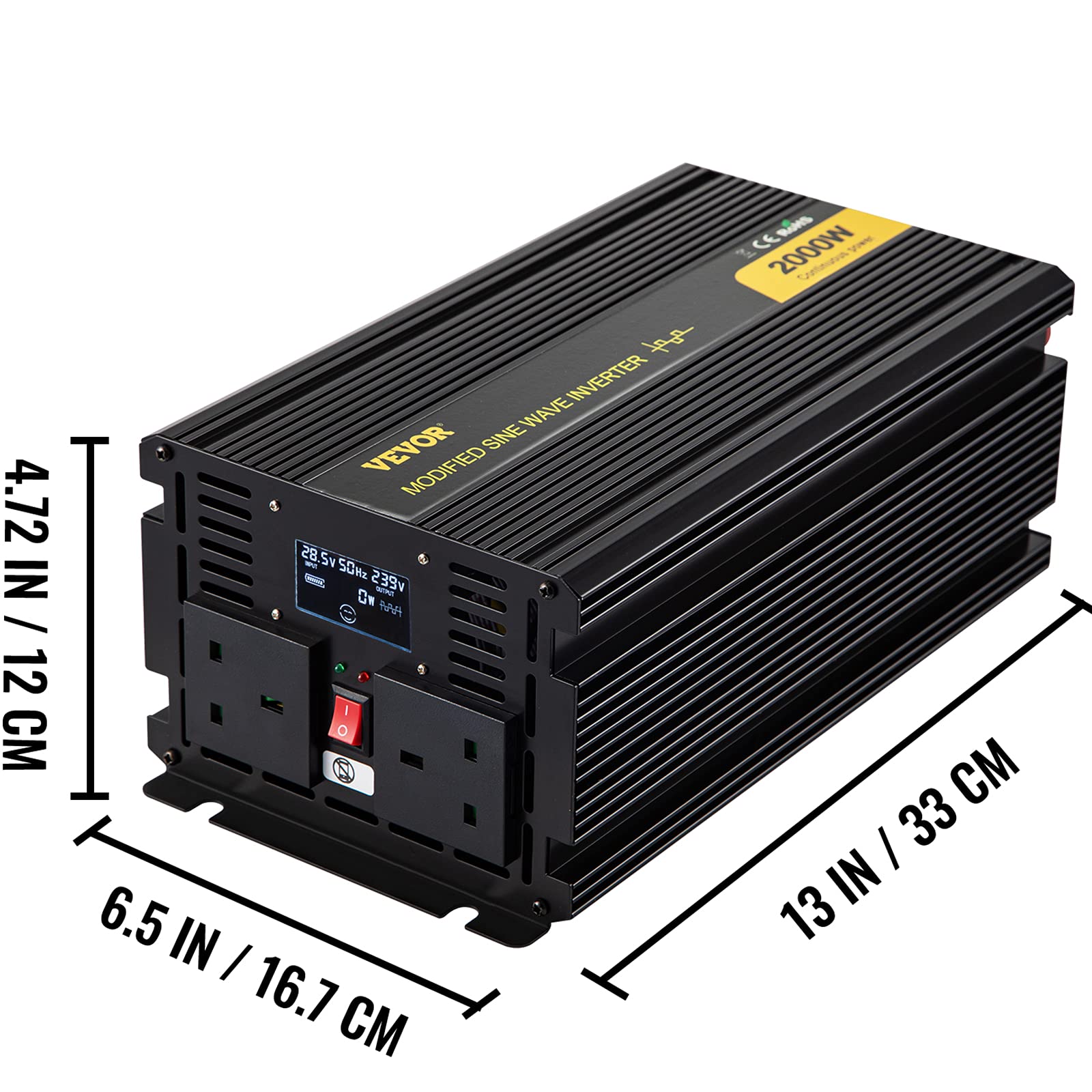 VEVOR Onduleur à Onde Sinusoïdale Modifiée, 2000 W DC 24 V à AC 240 V Onduleur en Alliage d'Aluminium avec Télécommande, Transformateur de Tension pour Appareil Électriques Voiture Ordinateur