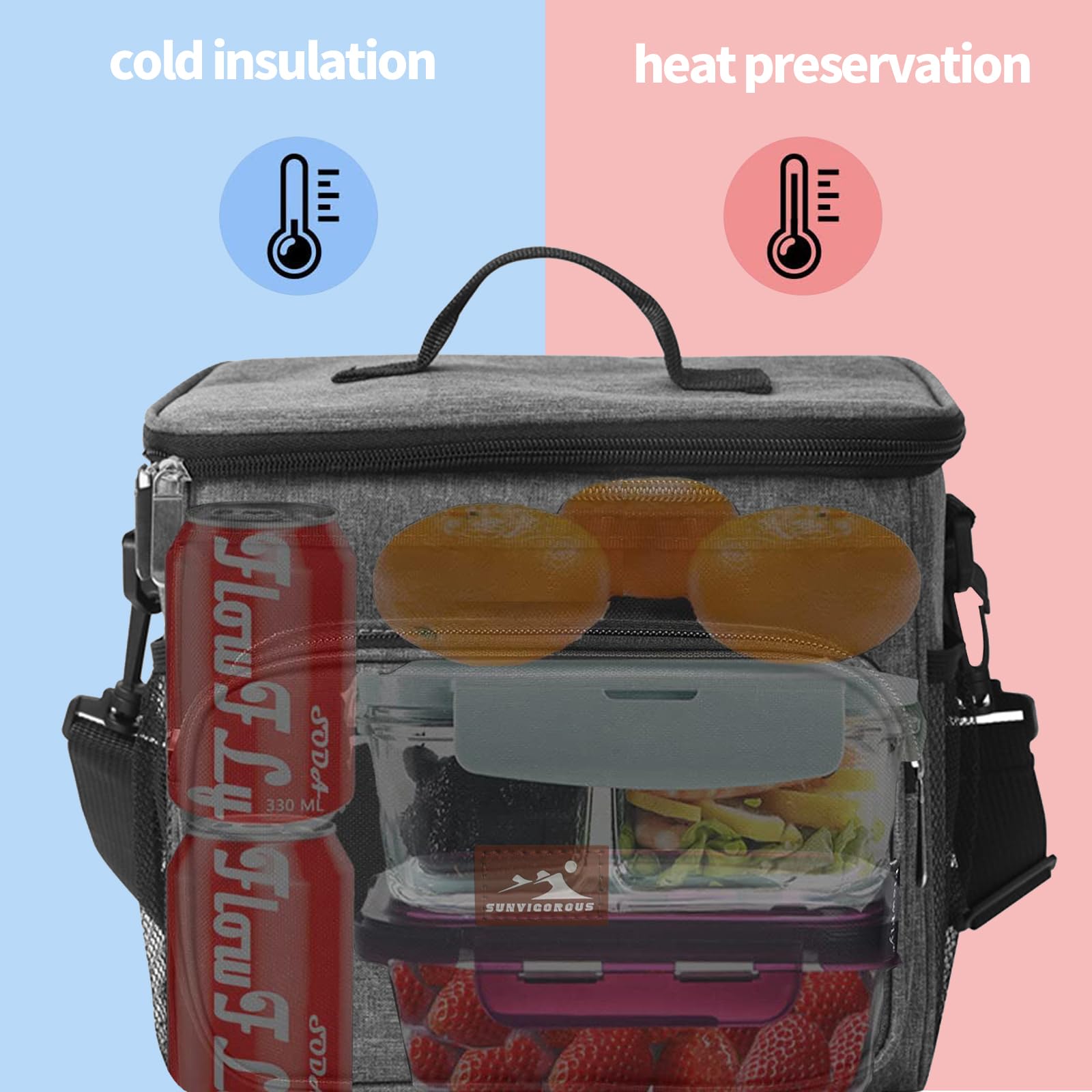 Sac Isotherme 15L SunVigorous - Sac Pique-nique Et Repas - Portable Avec Bandoulière - Gris