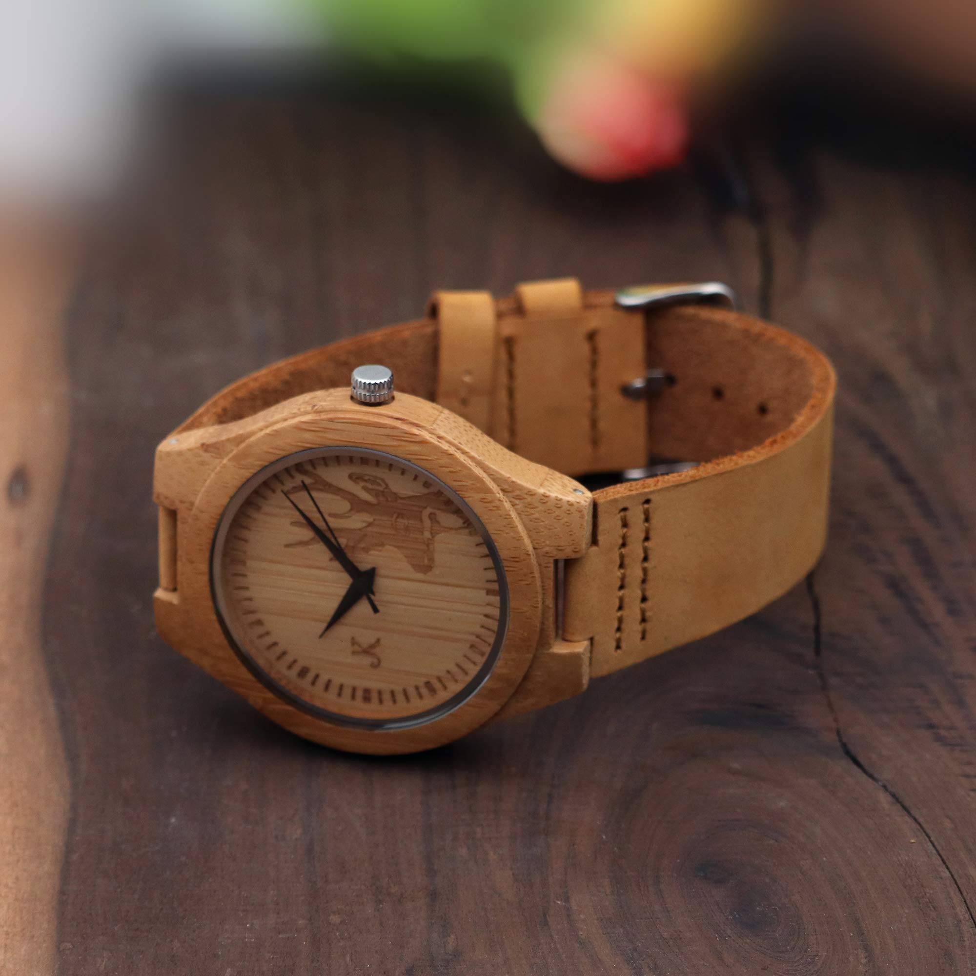 Kim Johanson Rewild - Orologio da polso da uomo, in legno di bambù, colore marrone, con vera pelle, realizzato a mano, analogico, al quarzo, con confezione regalo inclusa
