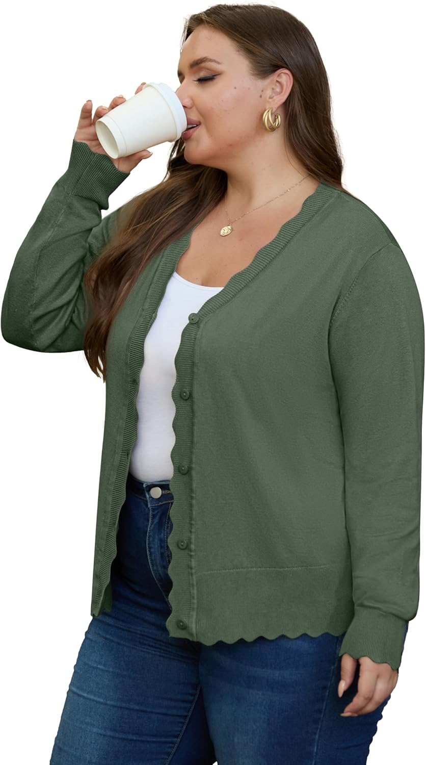 OLRIK Plus Size Cardigan for Women Cropped Long Sleeve V-Neck Buttons Down Ribbed Wave Edges Casual Knit Shrugs - Image 4