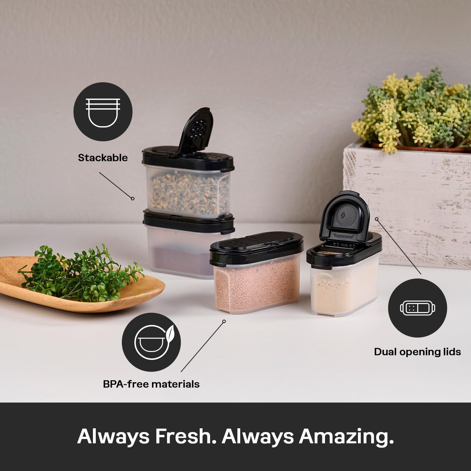 Tupperware Lot de 4 petits shakers à épices pour garder les herbes sèches et les épices fraîches, sans BPA, passe au lave-vaisselle