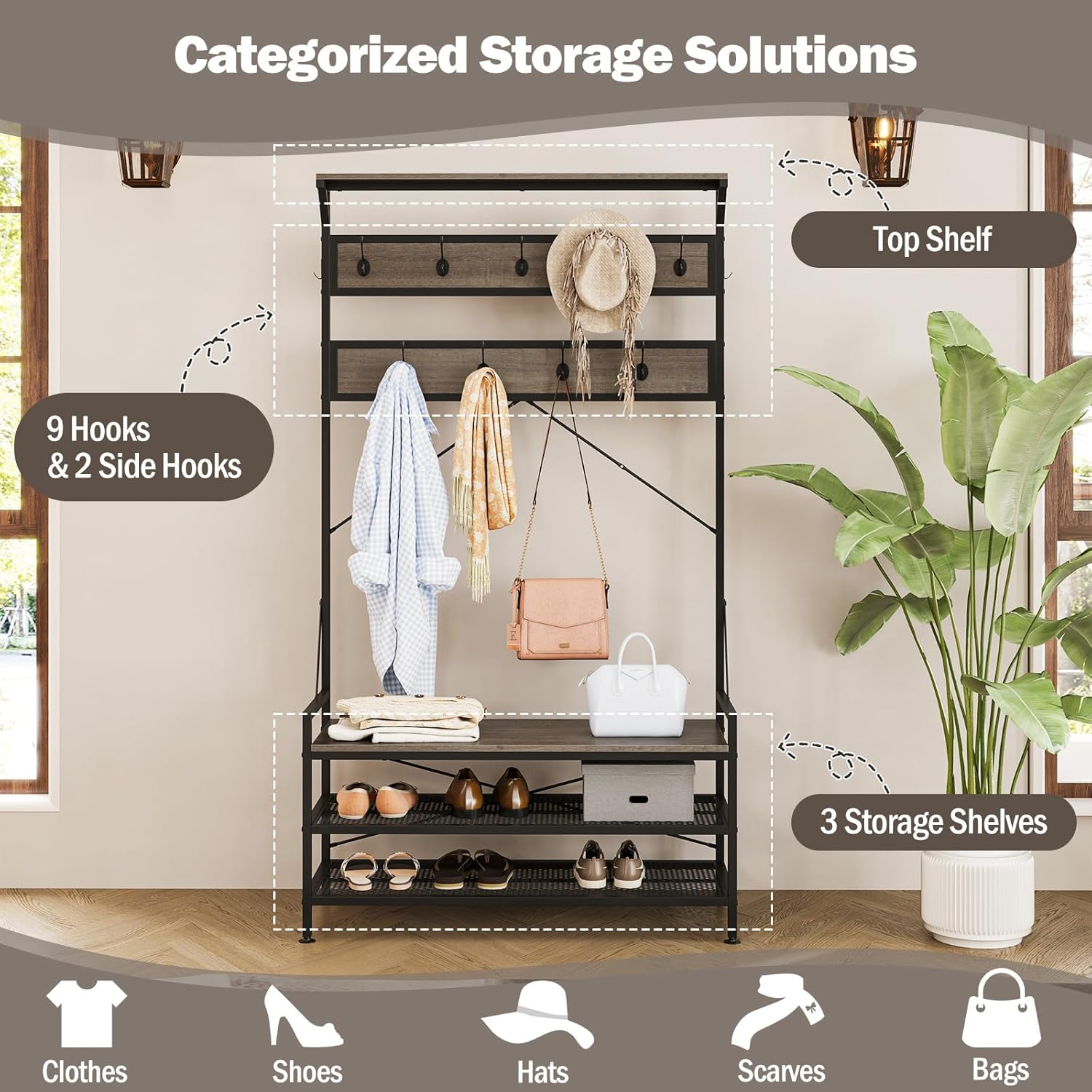 Giantex 4-in-1 Hall Tree with Bench and Shoe Storage, 72.5" Freestanding Coat Rack with Shoe Bench, 11 Hanging Hooks, Anti-Tipping Kits, Metal Mudroom Storage Organizer for Entryway, Hallway, Grey