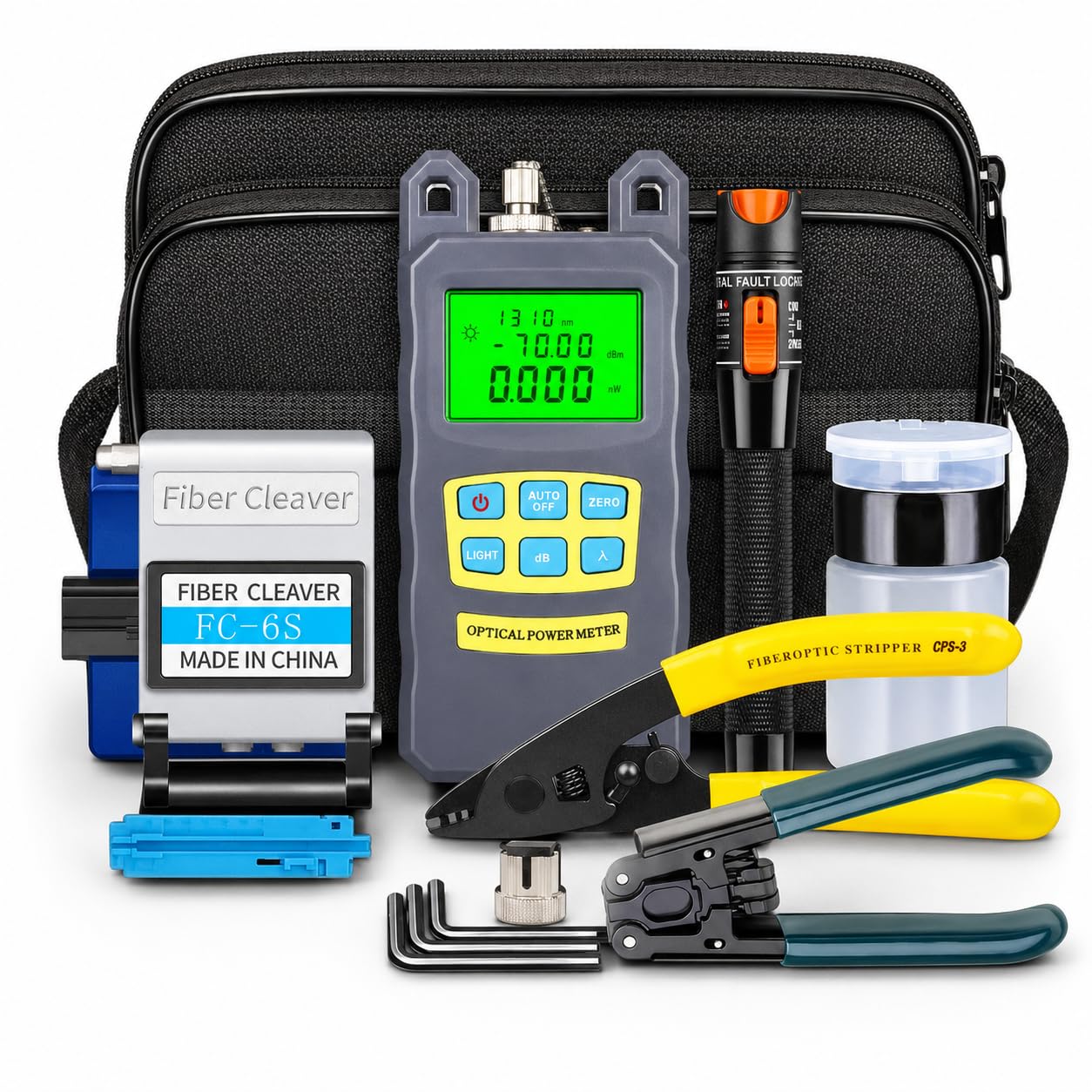 Kit De Herramientas De Fibra FTTH, 15 En 1 Kit Fibra óPtica TerminacióN De Fibra con Medidor De Potencia De Fibra óPticas Y Localizador De Fallas Visuales De 10mw, Cortadora, Pelacables