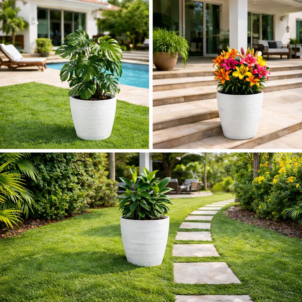 Maceteros Decorativos Interior y Maceteros Grandes Exterior - 3X Macetas Grandes Blanco Elegante (30 cm) Macetas Plastico con Drenaje - Tiestos para Plantas, Jardín, Terraza y Balcón — view 5
