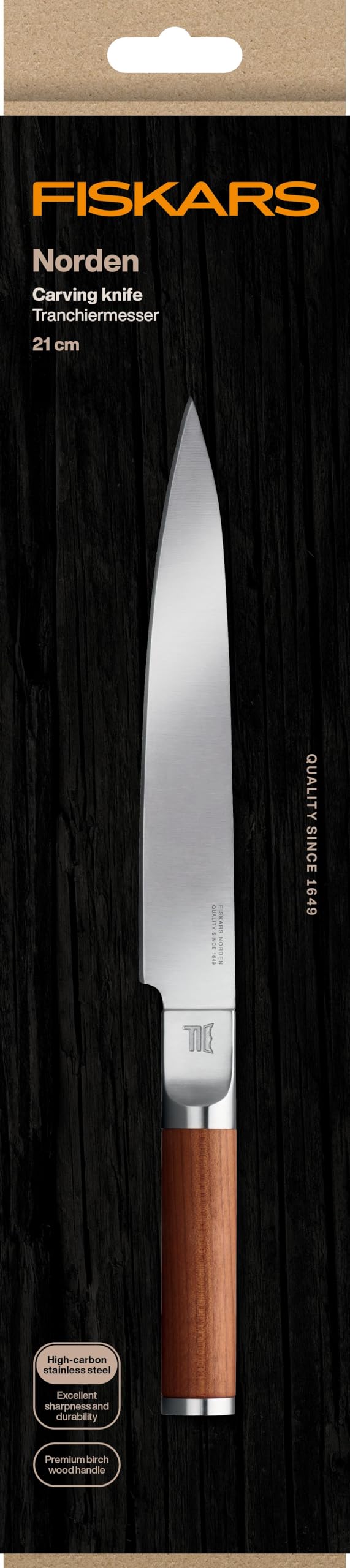 Fiskars Norden Tranchiermesser, Klingenlänge 21,1 cm, Fleischmesser mit gerader Klinge aus deutschem Stahl und Griff aus finnischem Birkenholz, Stahl/Holz, Braun, 1026422