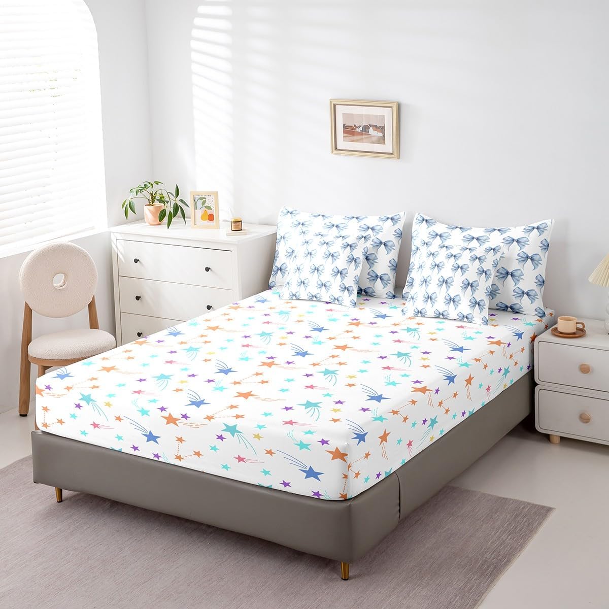 jejeloiu Girl Blue Bowknot Queen Size 7 Pieces Comforter Set Watercolor Ribbon Bow Bedding Set Fairy Princess Themed Bed Set Bed in a Bag with Comforter, Sheets, Pillowcases & Cushion Covers