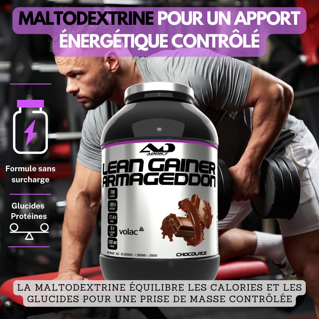 Addict sport nutrition - Armageddon - Protéine de musculation - 100g de protéines par portion - Gainer avec whey rapide, BCAA, L-Glutamine et Maltodextrine - Prise de masse - 2 Kg -Chocolat - noisette