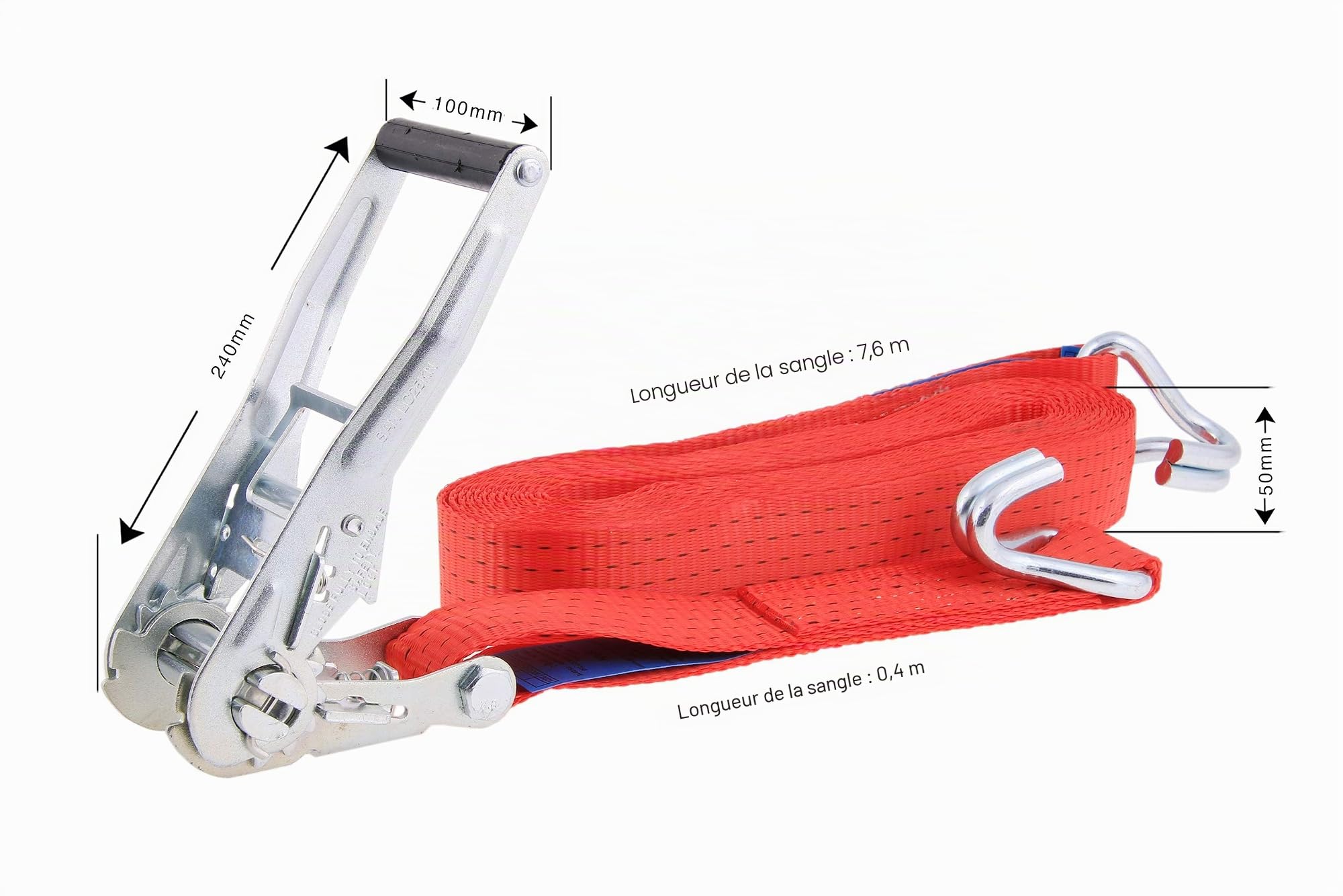 Lot de 2 Sangles d'arrimage Professionnelles à cliquet - avec Certification TÜV G/S - en Deux Parties - Charge maximale : 5000 kg - à la Norme DIN en 12195-2 - Longueur : 8 m - Largeur : 50 mm