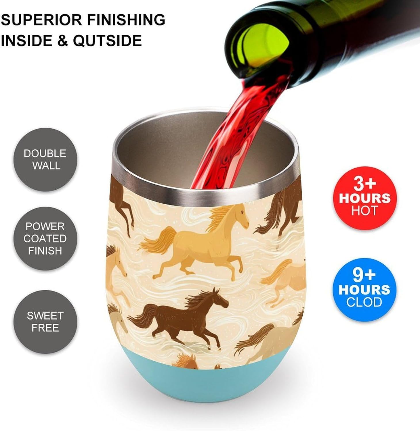 Running Horse Race Insulated Drinking Cup Stainless Steel Coffee Mug Wine Tumbler with Lid 12OZ