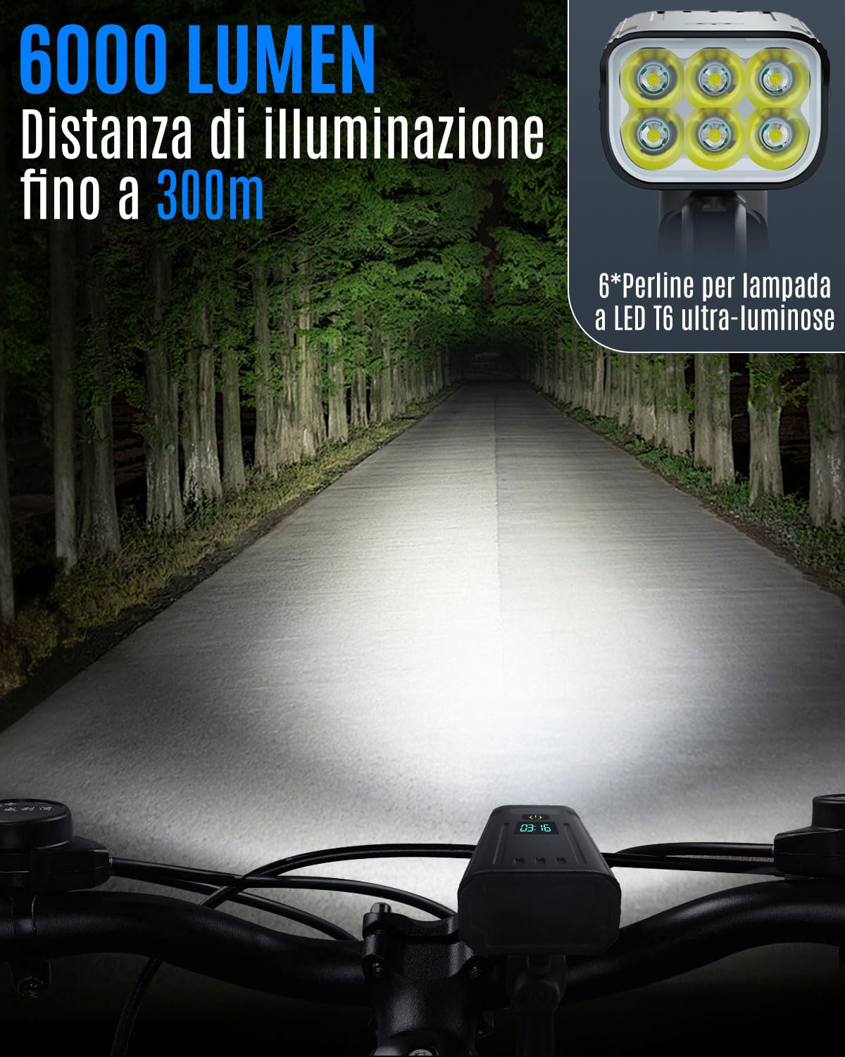 Coyonce Luci Bici LED Anteriore e Posteriore, Ricaricabile USB, Aggiornamento 6000 Lumen,Display Digitale 6 LED 5 modalità Luce Bici, IPX6 Impermeabile, Adatta per la Maggior Parte delle Biciclette