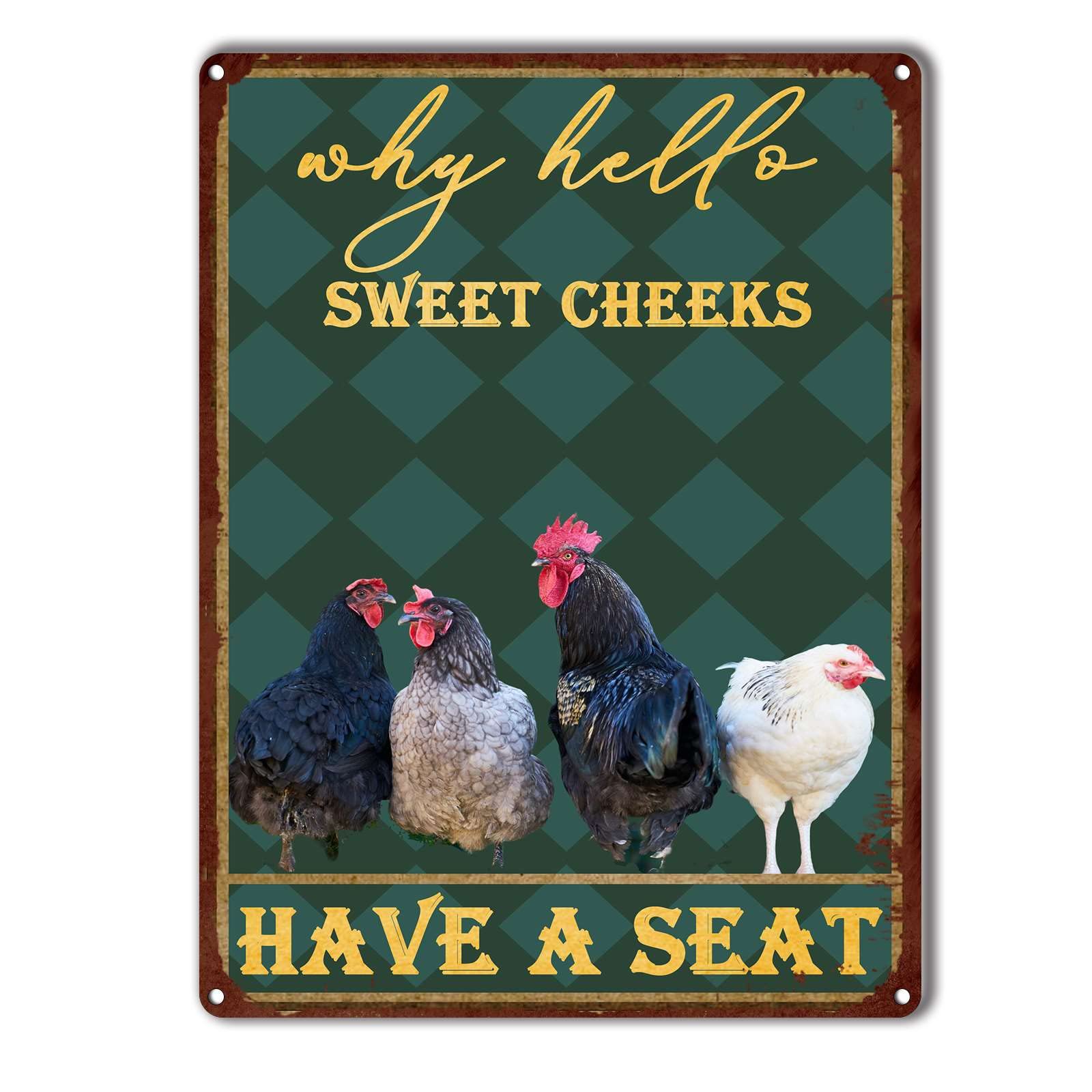 Metal Tin Sign Chickens Inspired Vintage Decorative Wall Plaque, "Why Hello Sweet Cheeks" Bathroom Poster For Home Bedroom Living Room Bar Cafe Farmhouse Indoor Outdoor Wall Decoration, 12x16 Inch