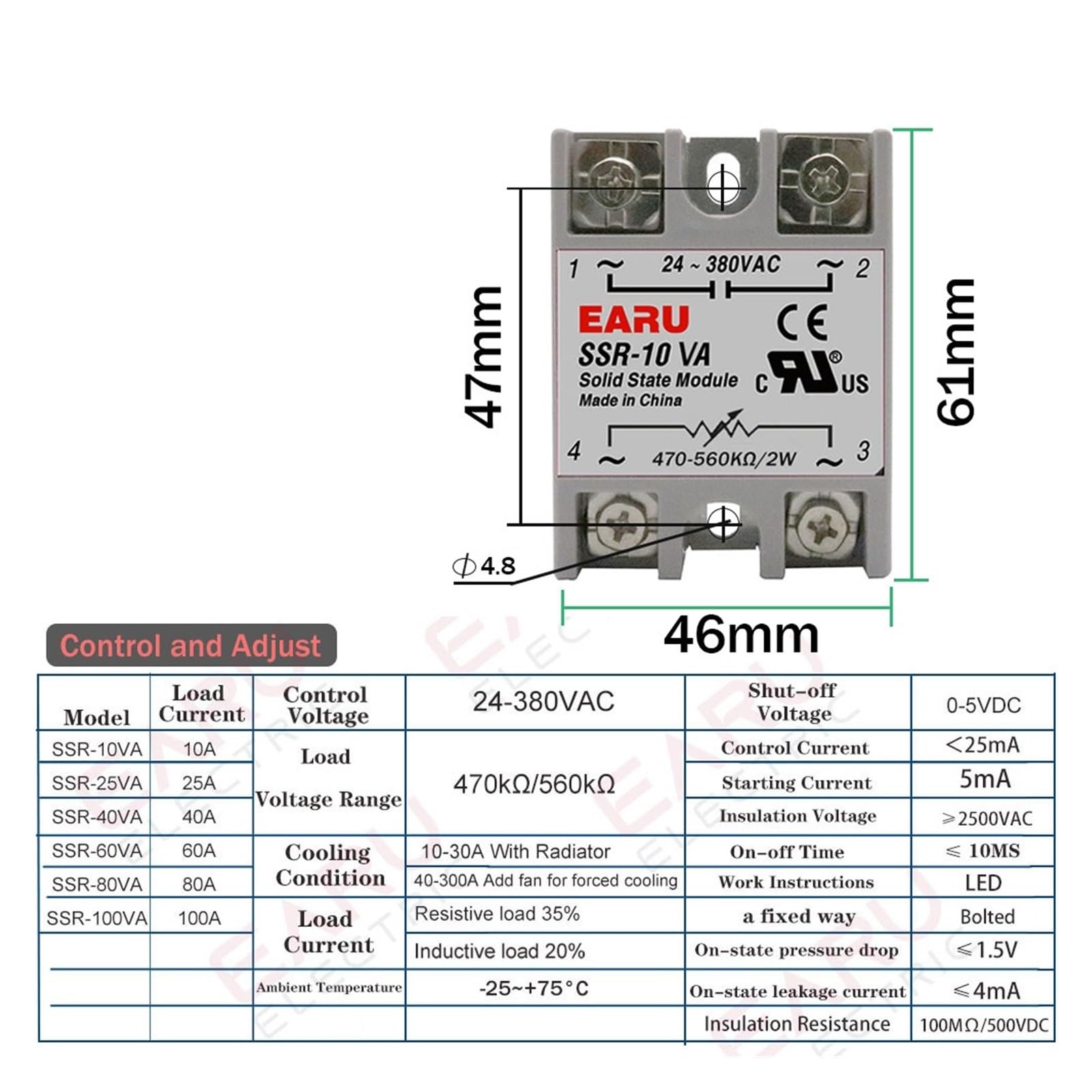 Relés SSR-10VA SSR-25VA SSR-40VA SSR Relé de Estado sólido Regulador de Voltaje Salida CA 24-380 V + Potenciómetro para Controlador de Temperatura PID (Relé de Estado sólido, SSR-2