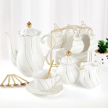 DUJUST 23 pcs White Porcelain Tea Set for 6, Luxury British Style Tea/Coffee Cup Set with Golden Trim, Beautiful Tea Set for Women, Tea Party Set, Gift Package Including a Stand & Tray - White...