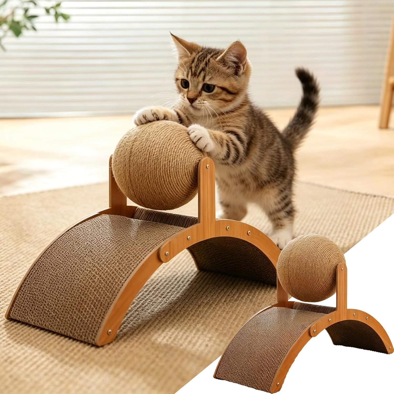 Cat Scratching Ball on Stand, Scratch Boards Cats with Arch Bridges & Ball, Slip-Resistant & Wear-Resistant, Sturdy and Durable, for Indoor Cats to Reduce Furniture Damage (Large)
